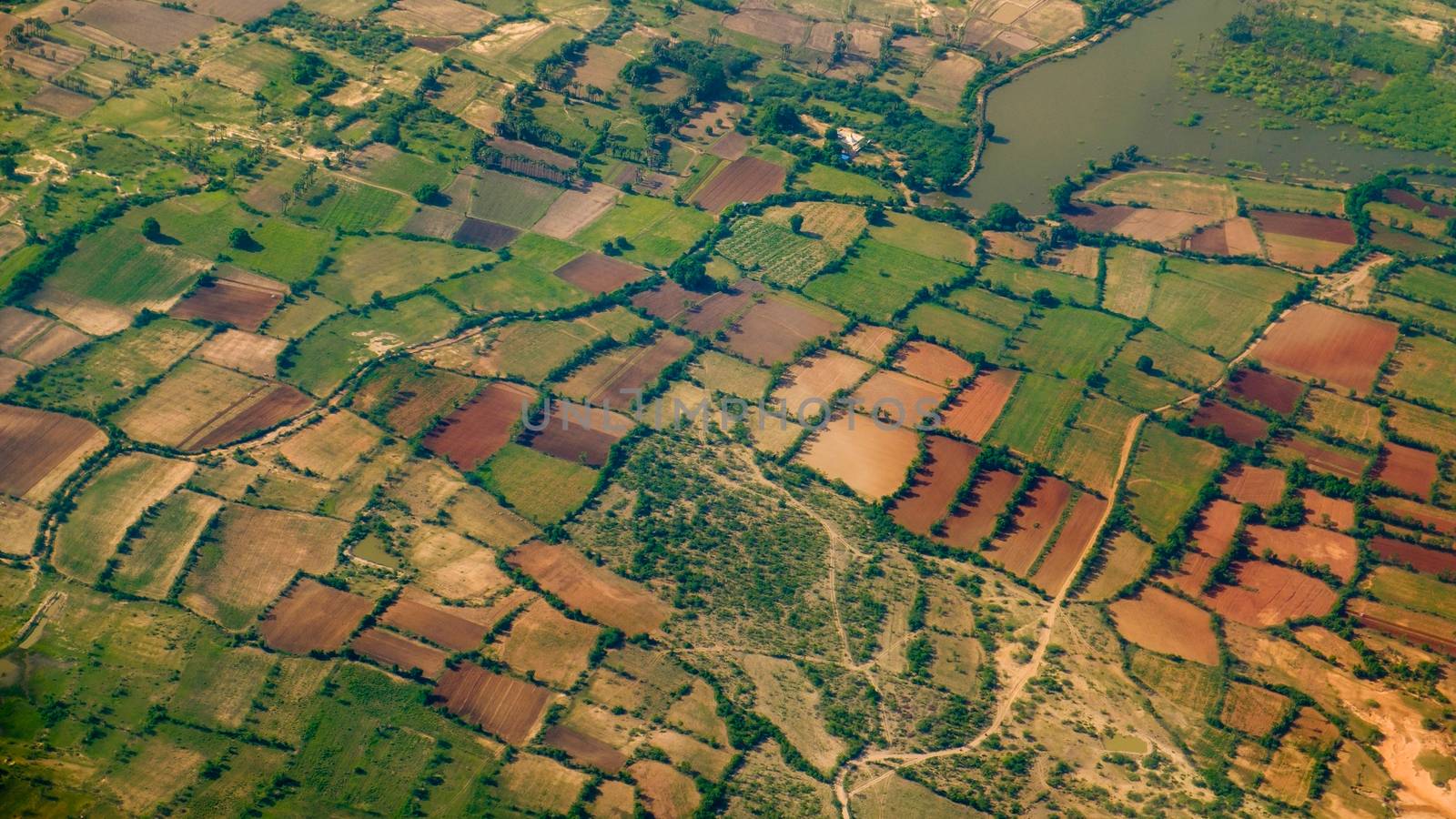 Aerial landscape view of fields and meadows, Myanmar