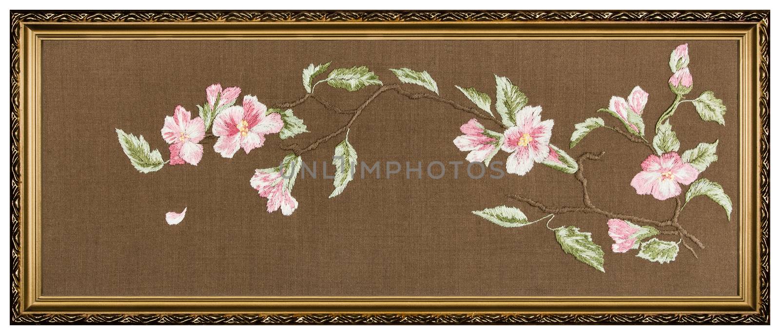 Embroidered picture in the frame, isolated on white background