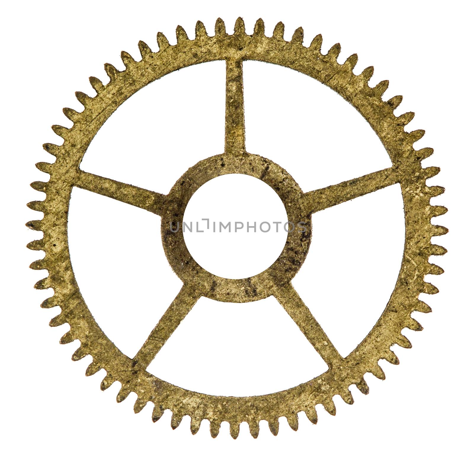 Pinion of old clock mechanism, isolated on white background