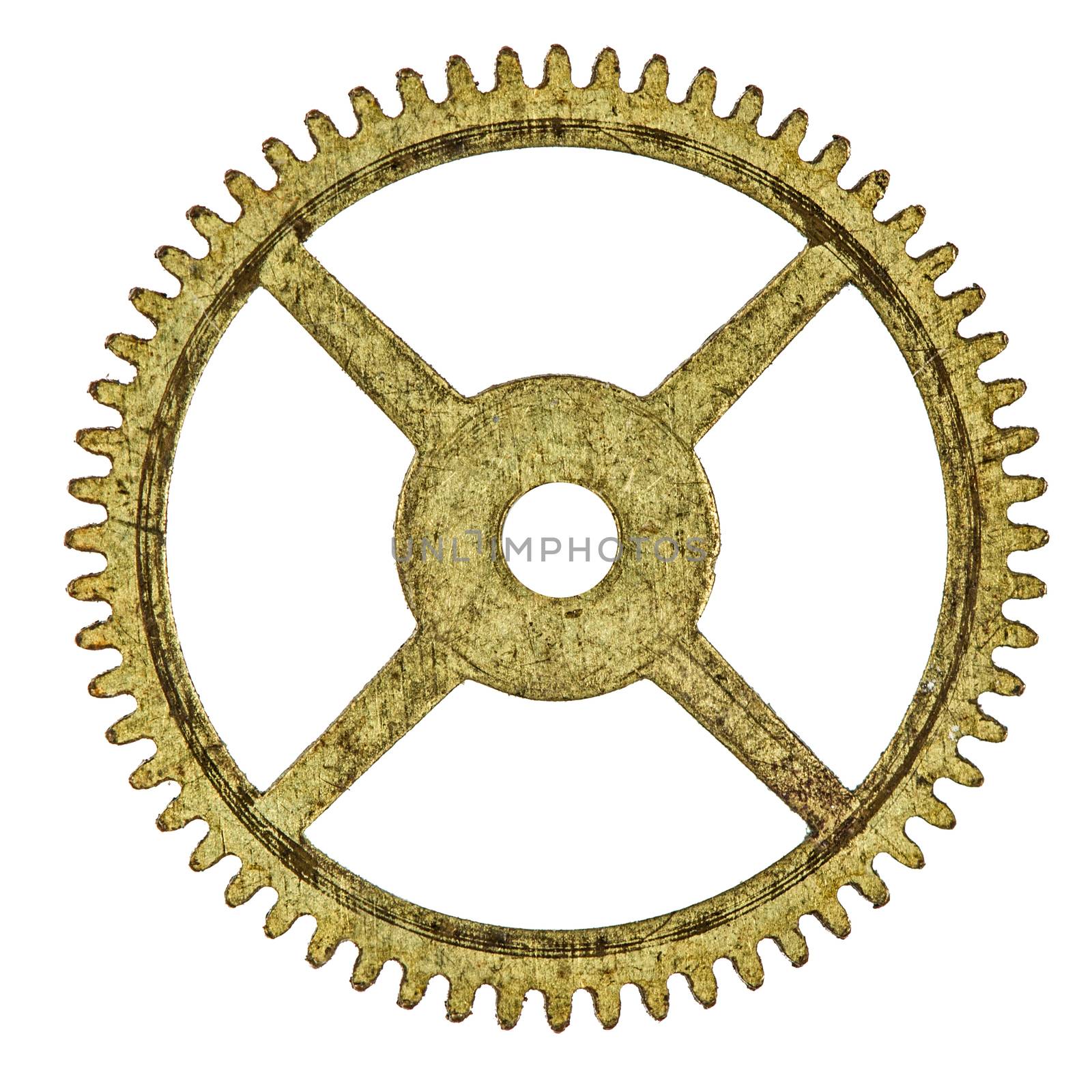 Pinion of old clock mechanism, isolated on white background