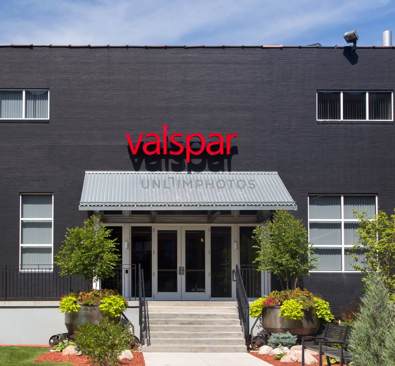 MINNEAPOLIS, MN/USA - AUGUST 5, 2015: Valspar corporate headquarters entrance. The Valspar Corporation is an American international manufacturer of paint and coatings.