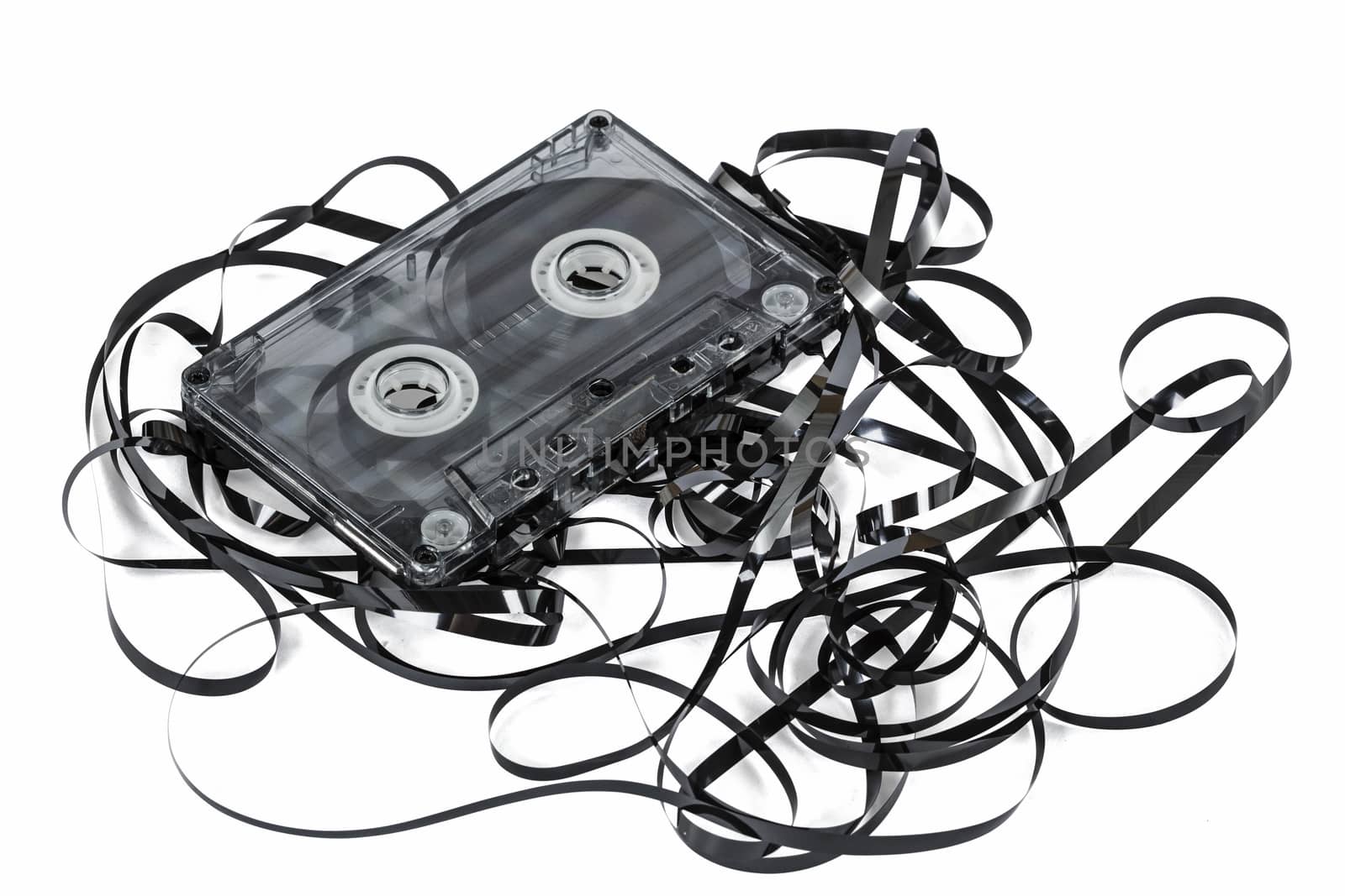 Close up of vintage audio tape cassette, isolated on white, with clipping path