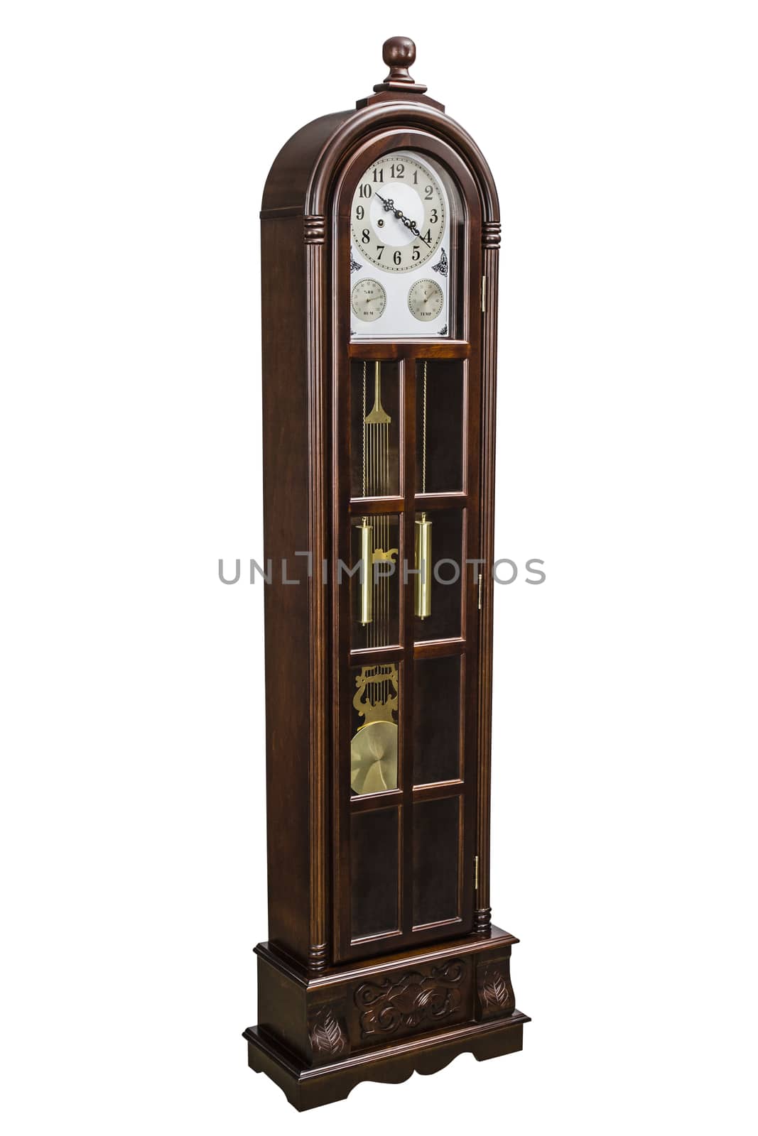 Antique clock with wood carved decoration, isolated on white, with clipping path