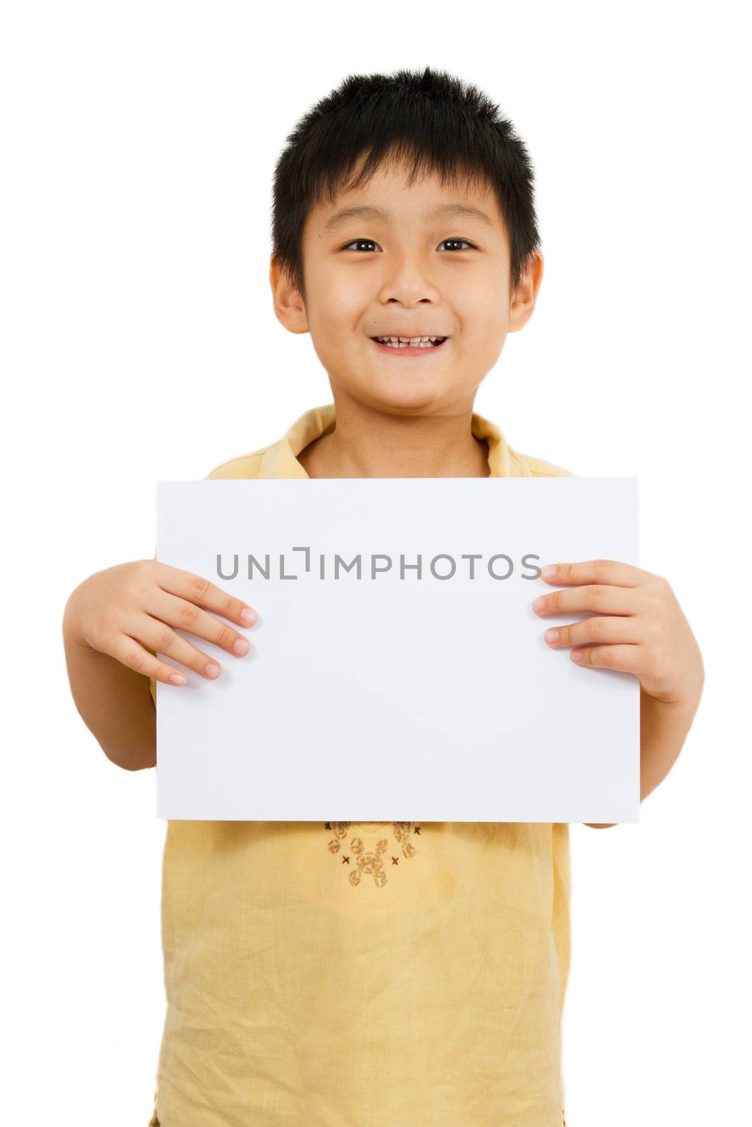 Asian Chinese Little Boy Holding blank white board