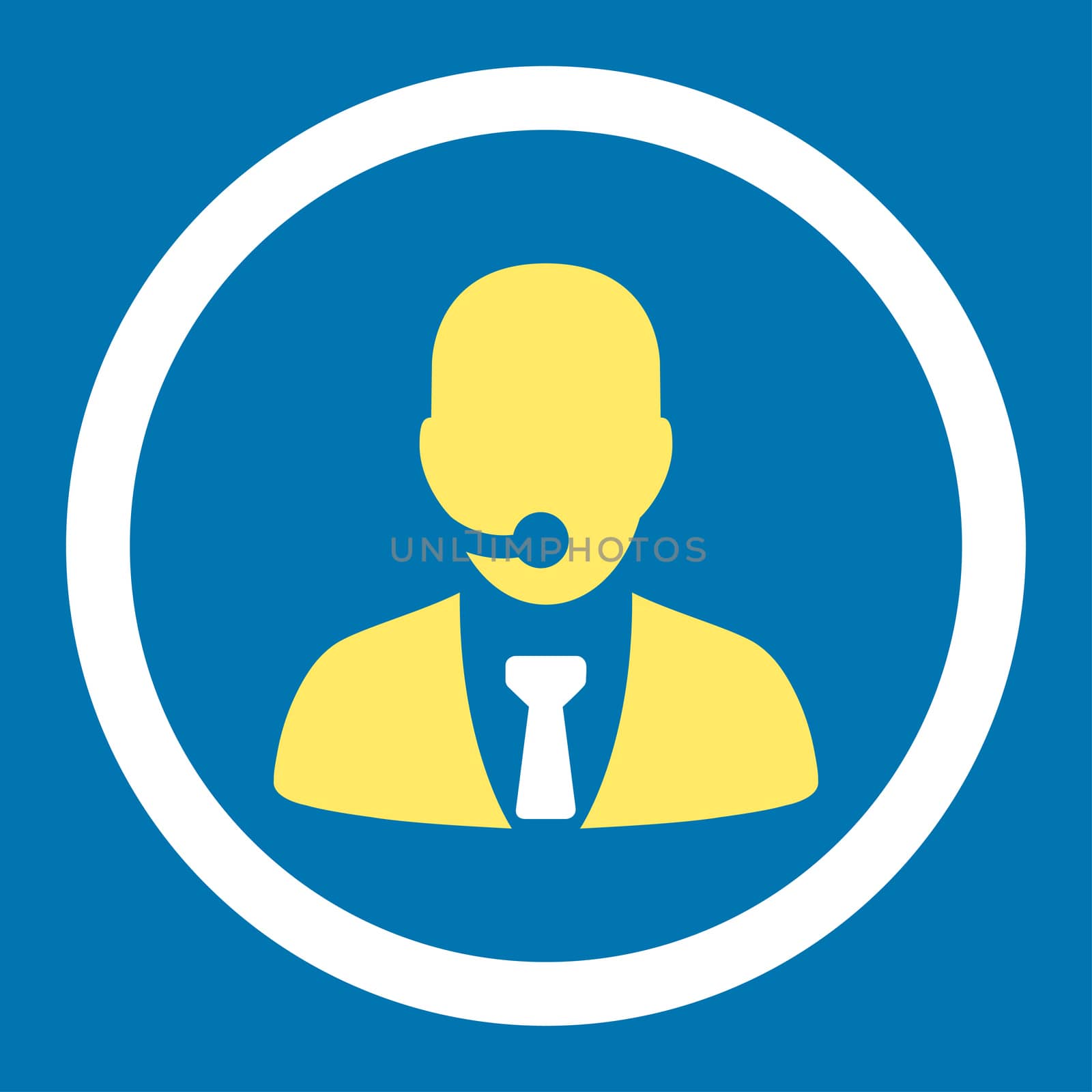 Call center operator glyph icon. This rounded flat symbol is drawn with yellow and white colors on a blue background.