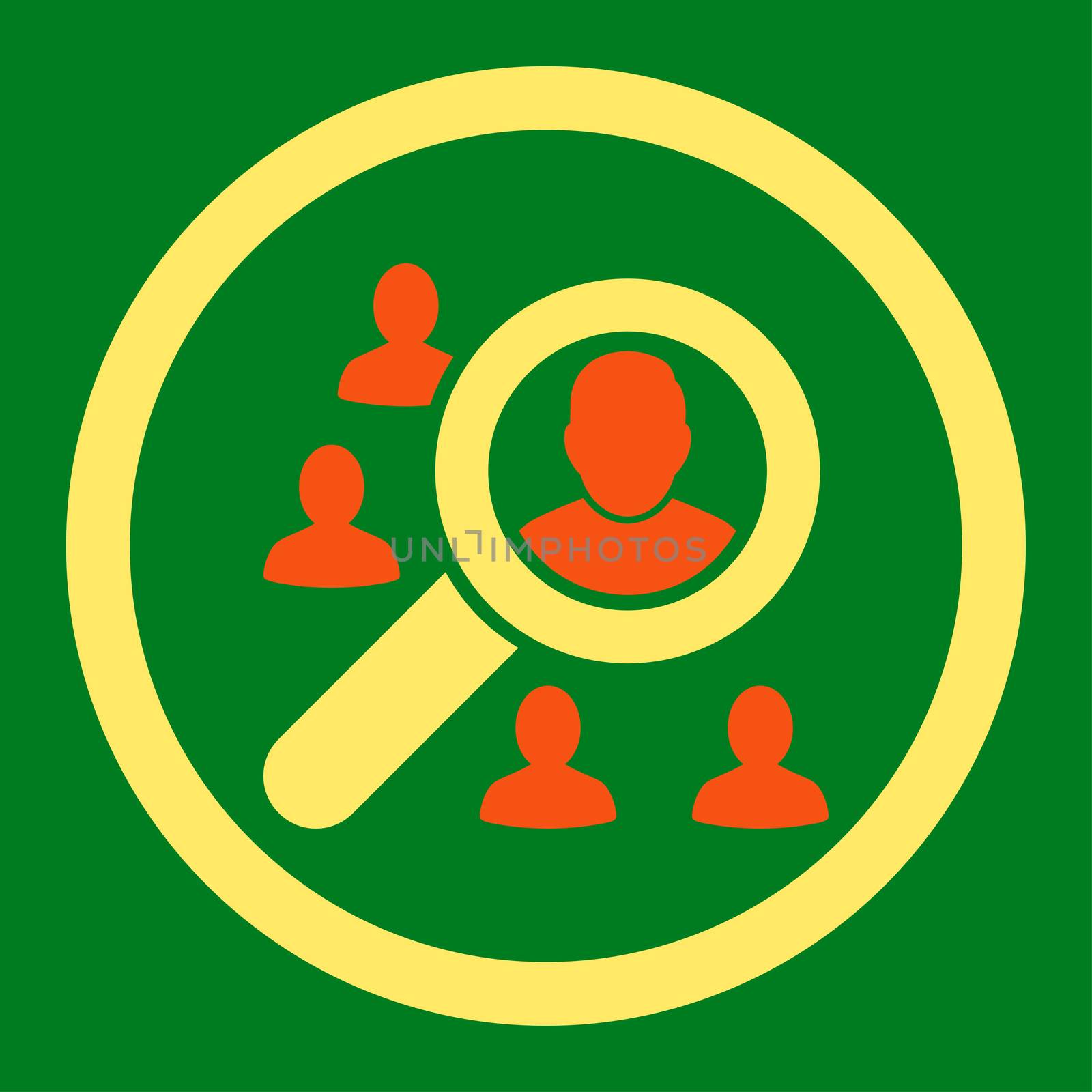 Marketing glyph icon. This rounded flat symbol is drawn with orange and yellow colors on a green background.