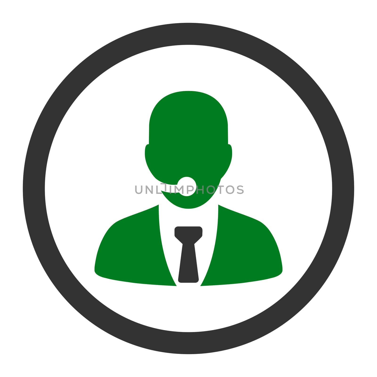 Call center operator glyph icon. This rounded flat symbol is drawn with green and gray colors on a white background.