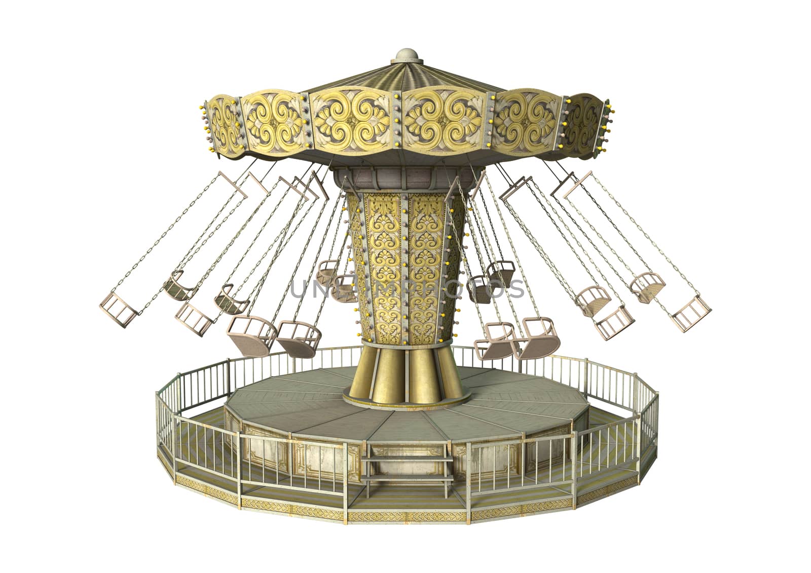 3D digital render of a vintage swing carousel isolated on white background