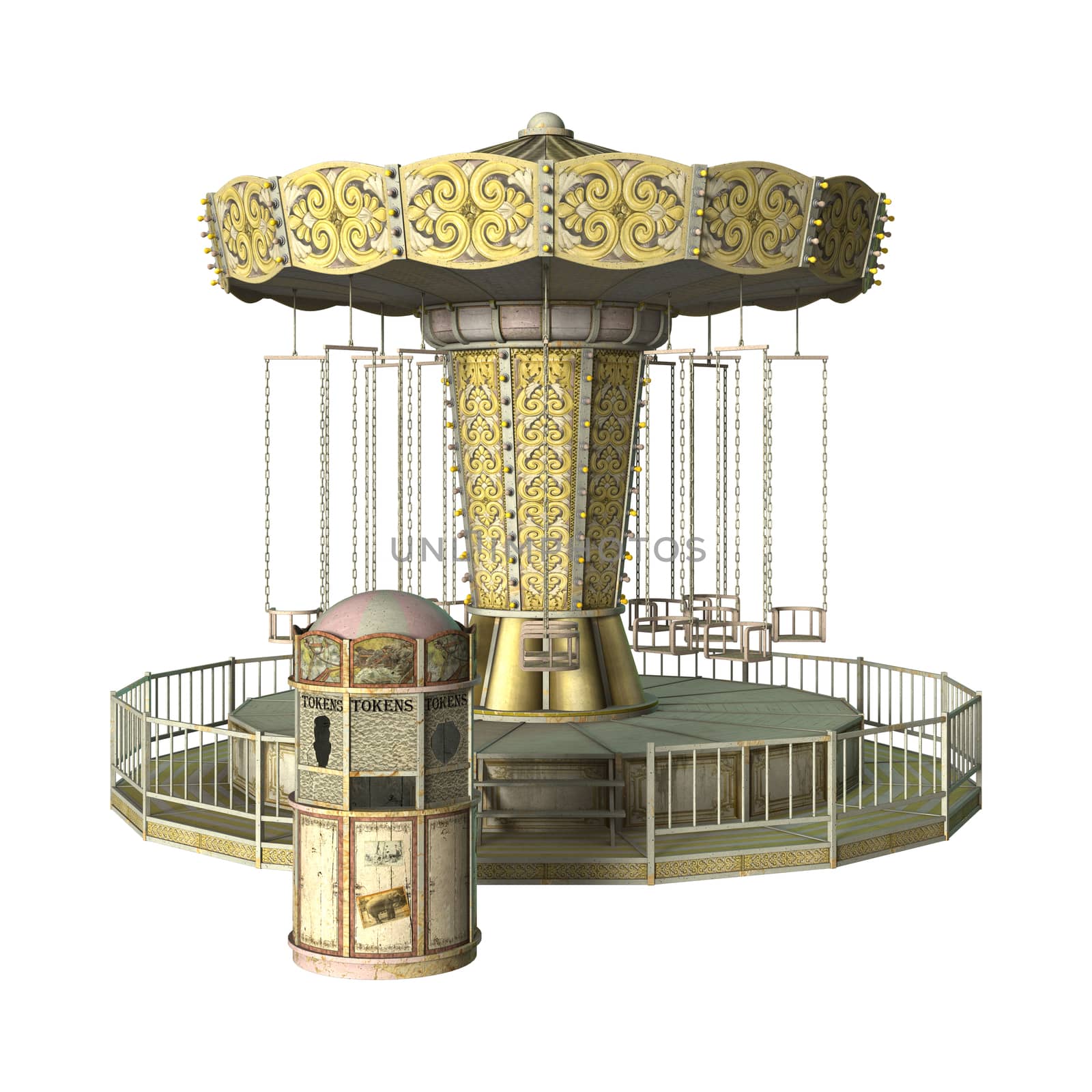 3D digital render of a vintage swing carousel and a ticket booth isolated on white background