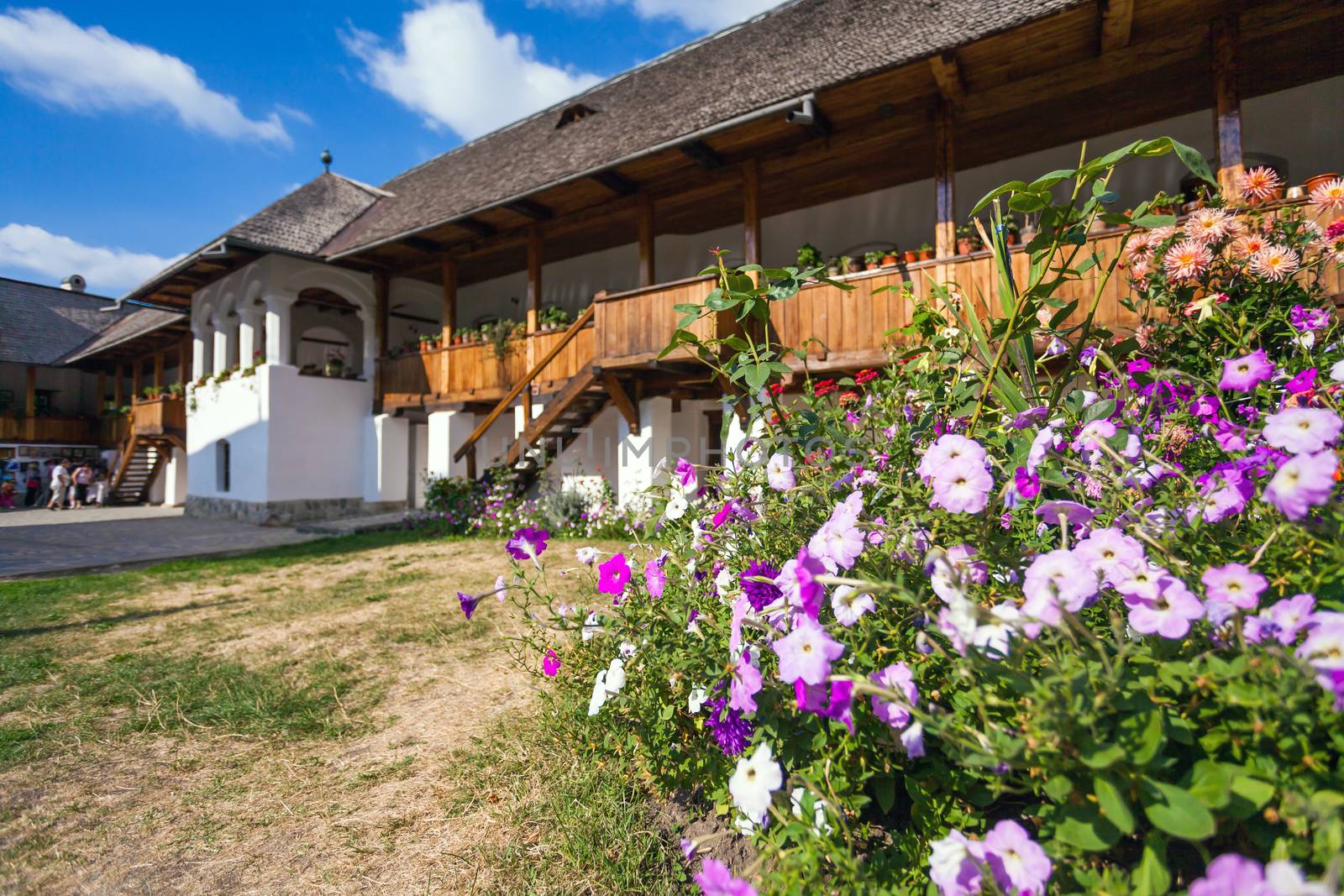 Polovragi, Romania - Septemper 9, 2012: Flowers inside the old orthodox Polovragi monastery courtyard, Romania