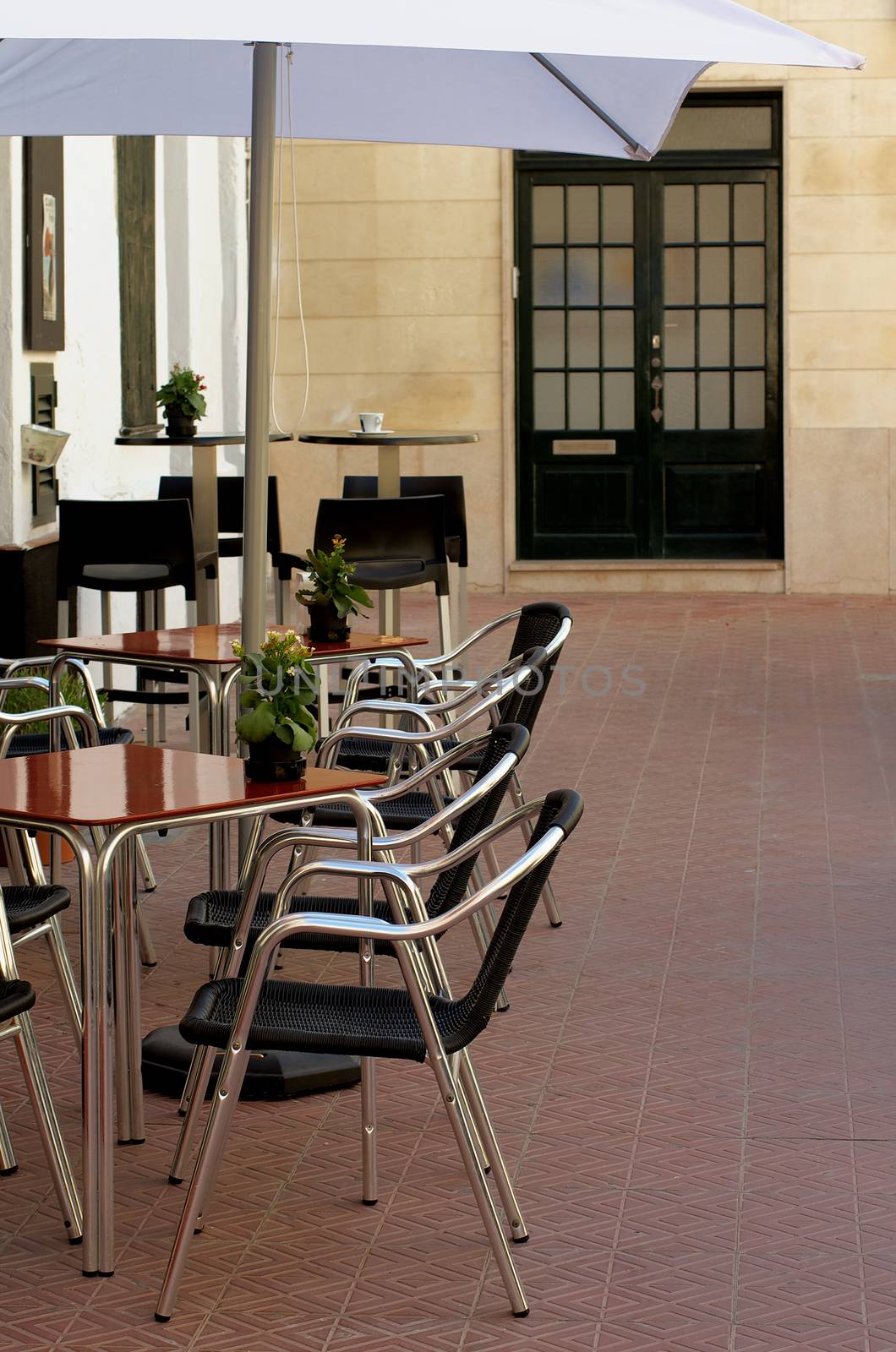 Elegant Street Cafe with Flower Pots, Wooden Tables and Stainless Steel Chairs Outdoors. Focus on Foreground