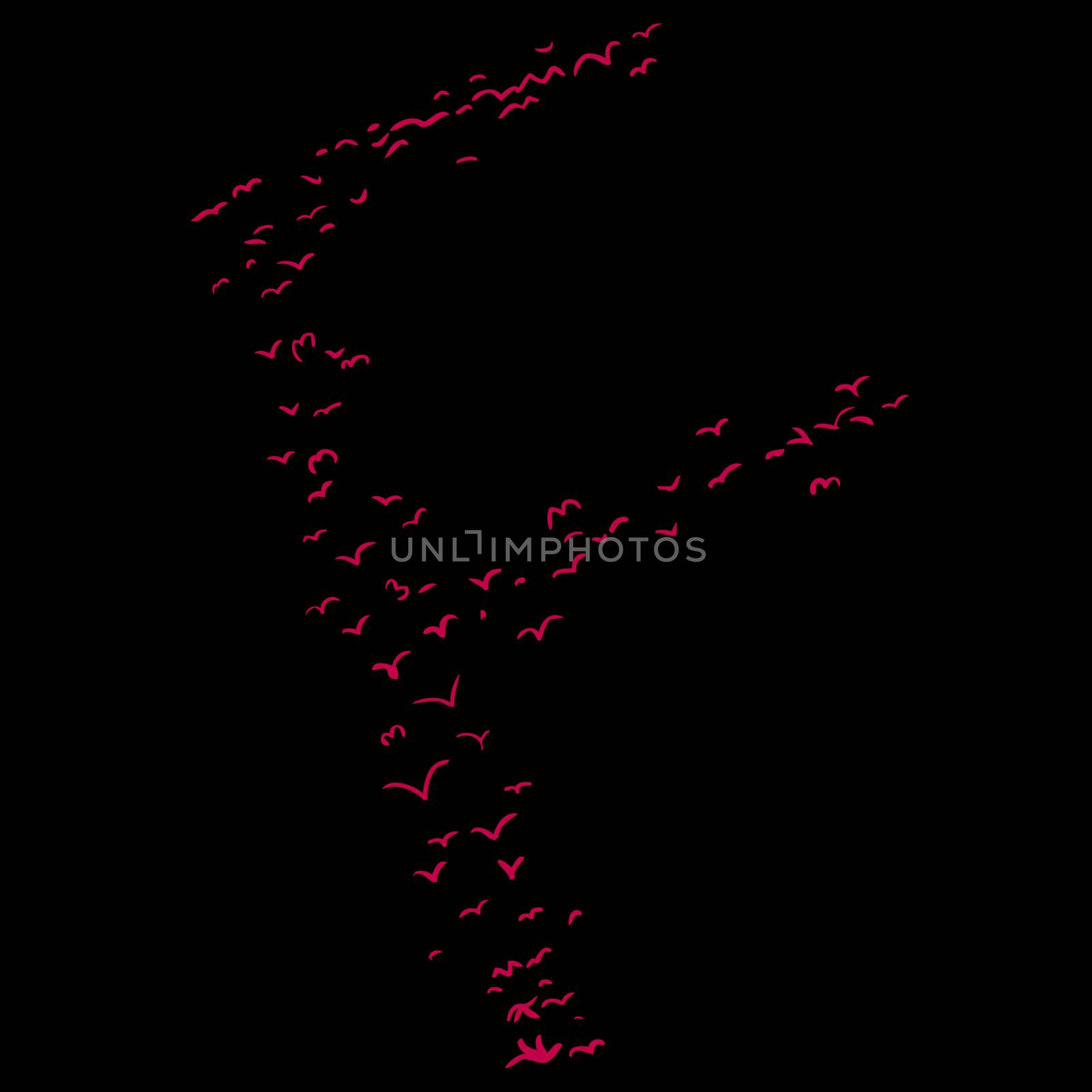 Red flock of birds in the shape of the letter f