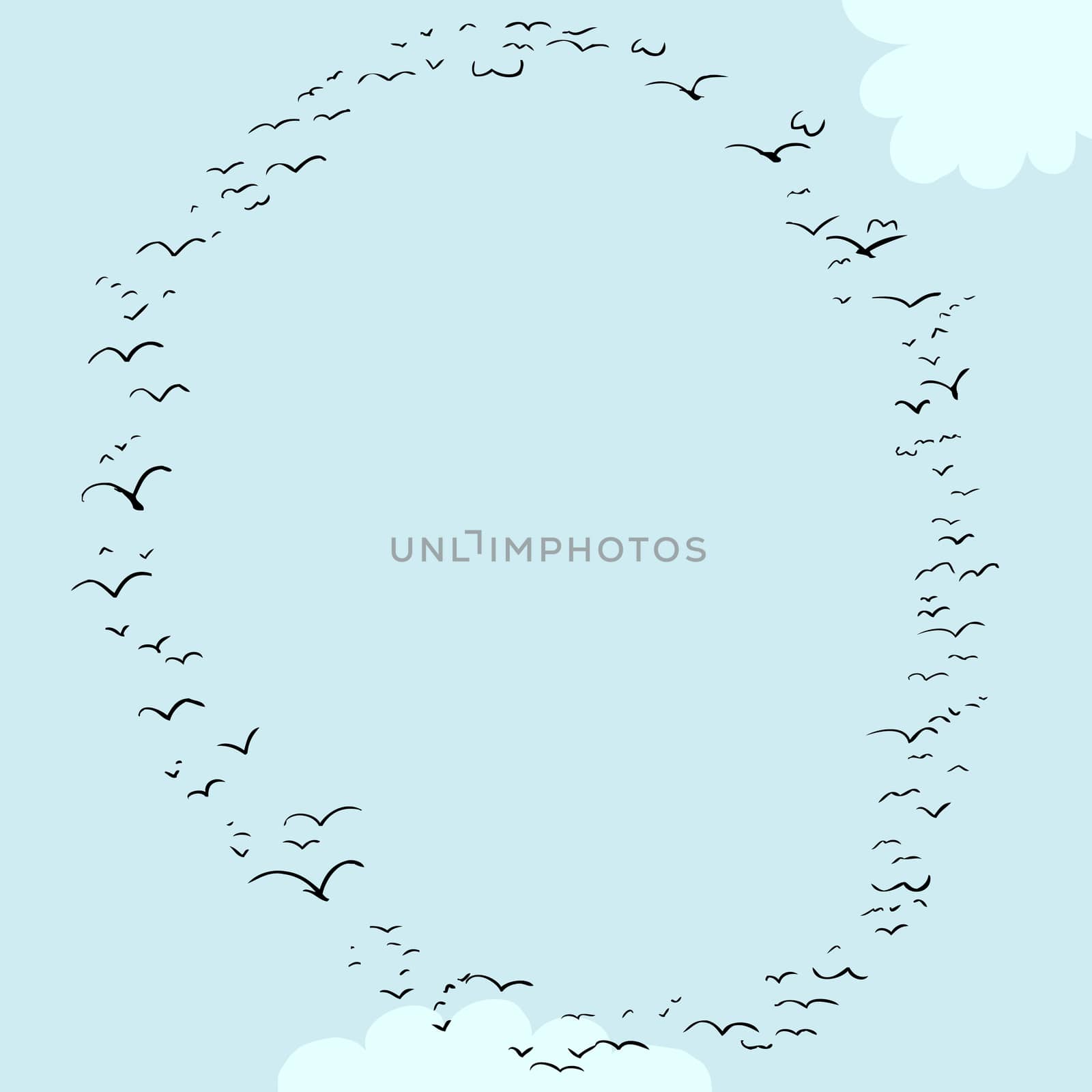 Illustration of a flock of birds in the shape of the letter o