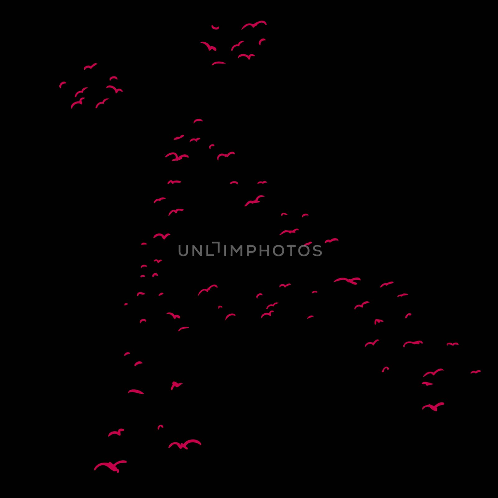 Red flock of birds in the shape of the diacritical a letter
