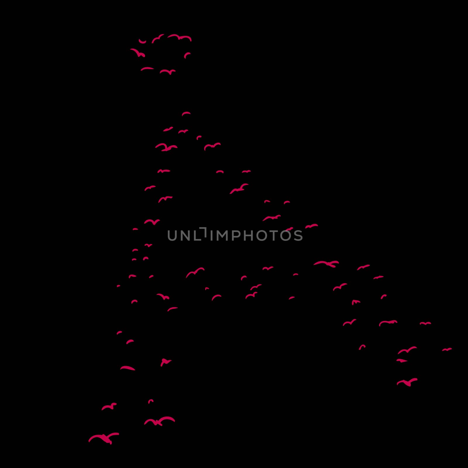 Red flock of birds in the shape of the ringed a letter