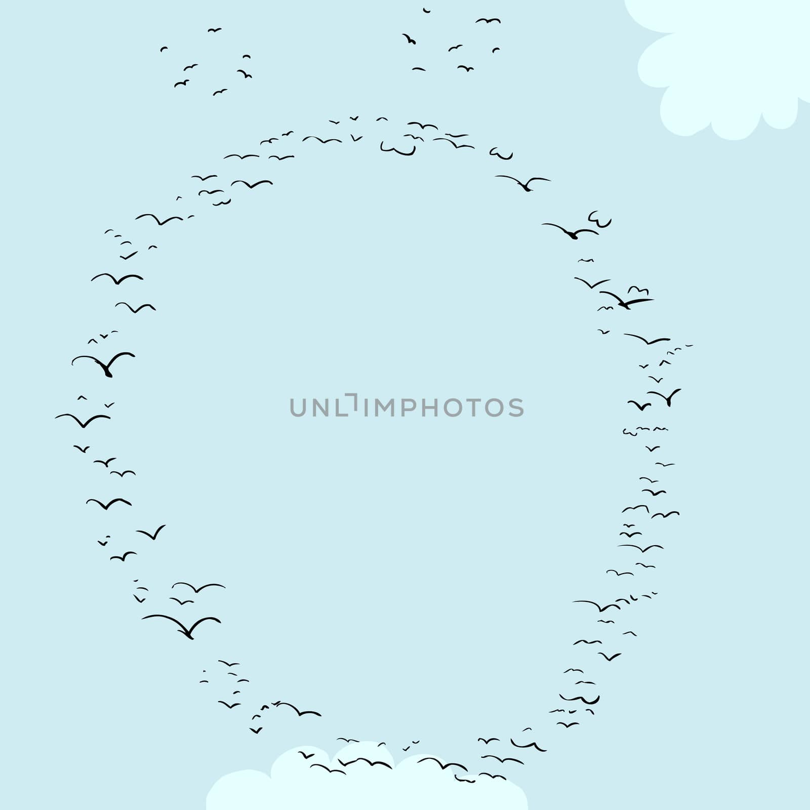 Illustration of a flock of birds in the shape of the letter diaeresis o