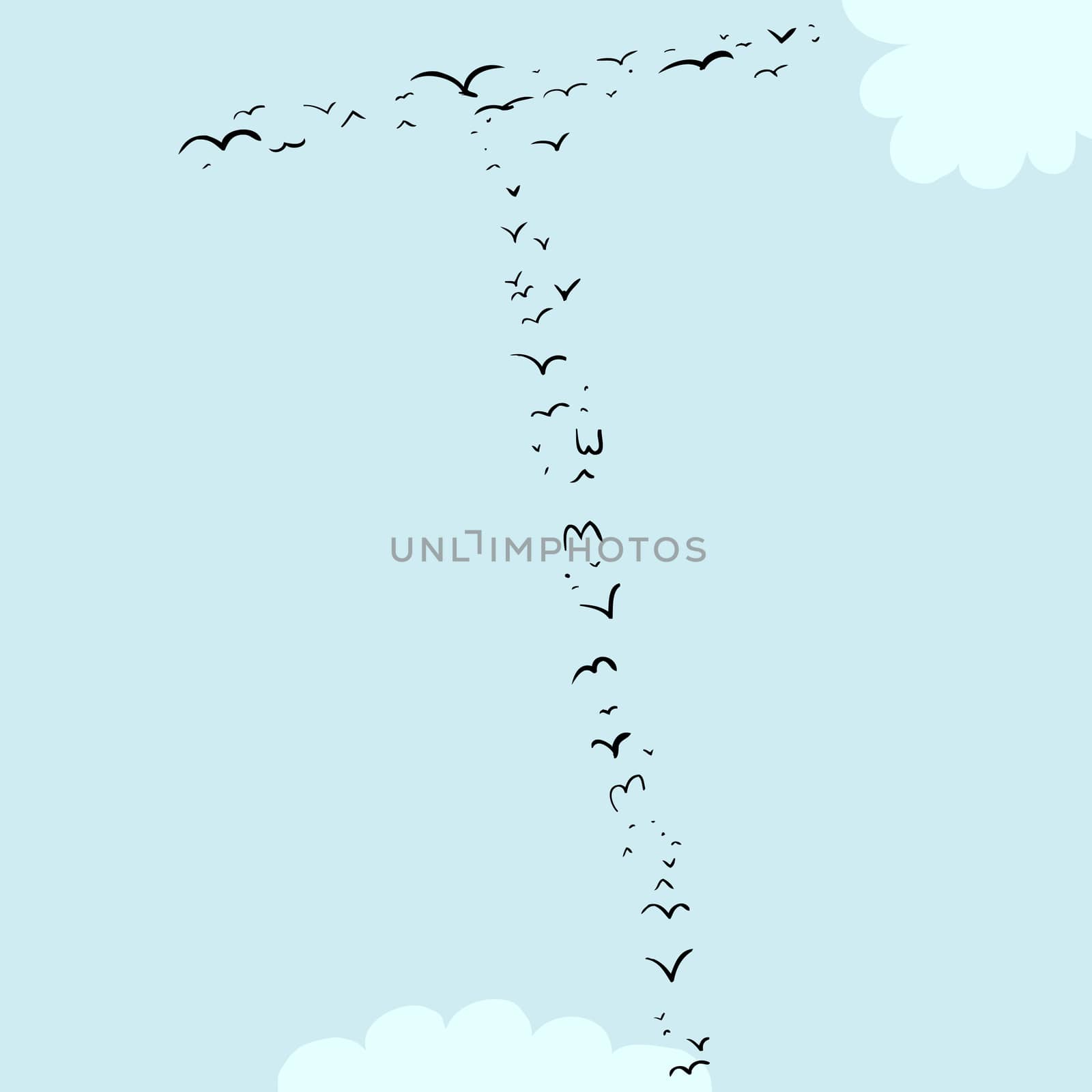 Illustration of a flock of birds in the shape of the letter t