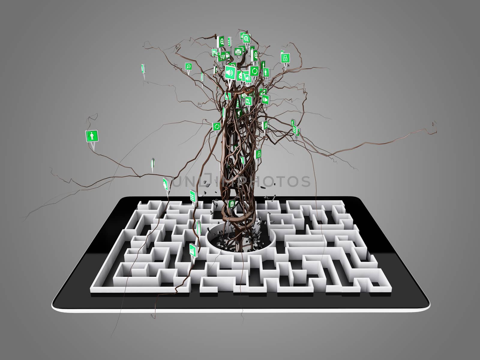 Social media icons set in tree shape on Maze in the tablet. by teerawit
