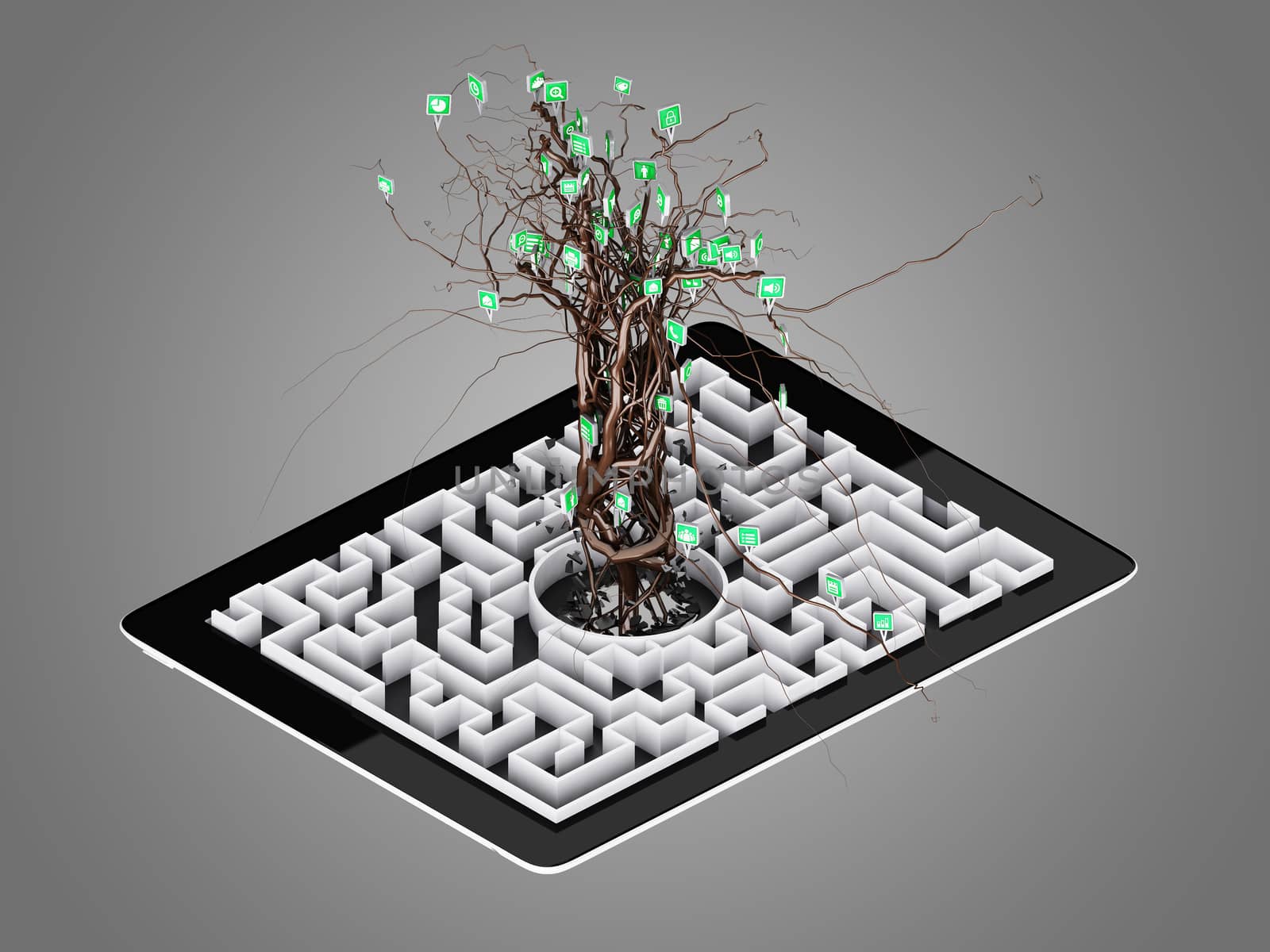 Social media icons set in tree shape on Maze in the tablet., concept