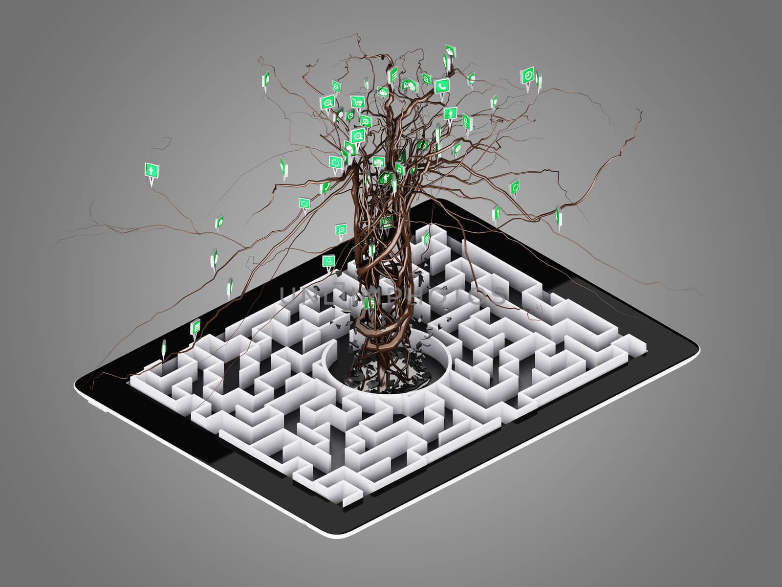 Social media icons set in tree shape on Maze in the tablet. by teerawit