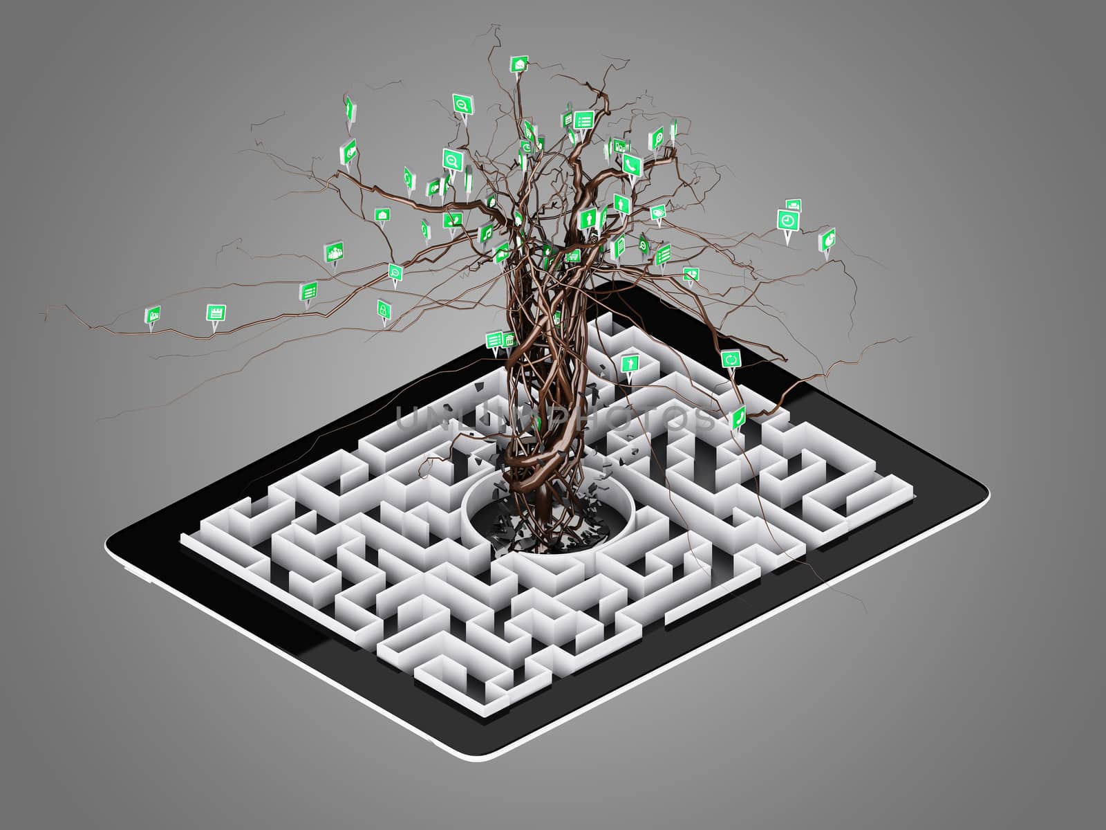 Social media icons set in tree shape on Maze in the tablet. by teerawit
