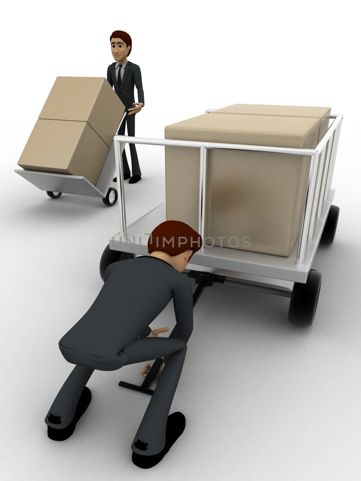 3d man pulling trolly loaded with boxes concept on white background, front angle view