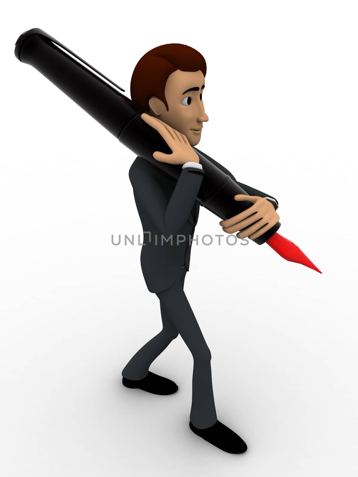 3d man carrying ink pen on shoulder with red knob concept on white background, front angle view