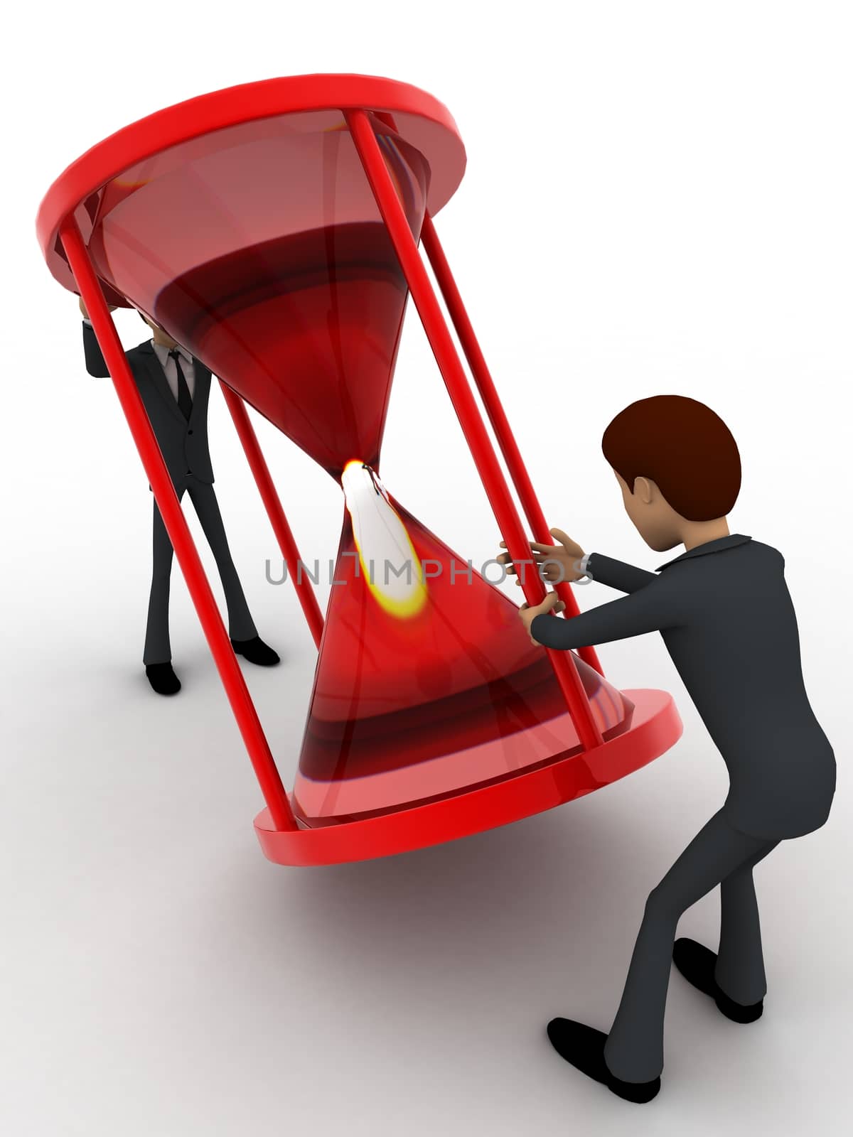 3d two men pull sand clock concept on white background, side angle view