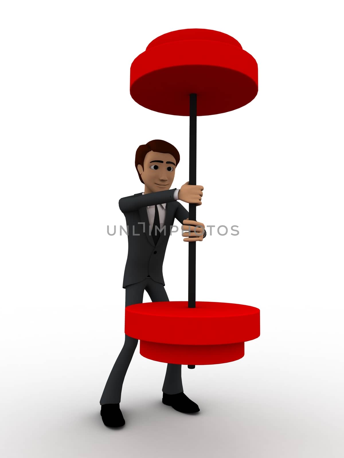 3d man easily carry weights concept on white background, front angle view