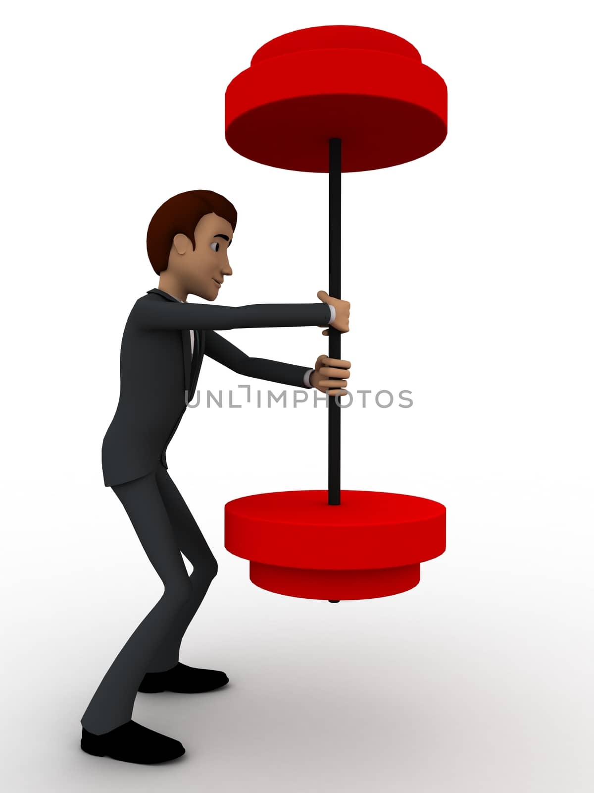 3d man easily carry weights concept on white background, side angle view