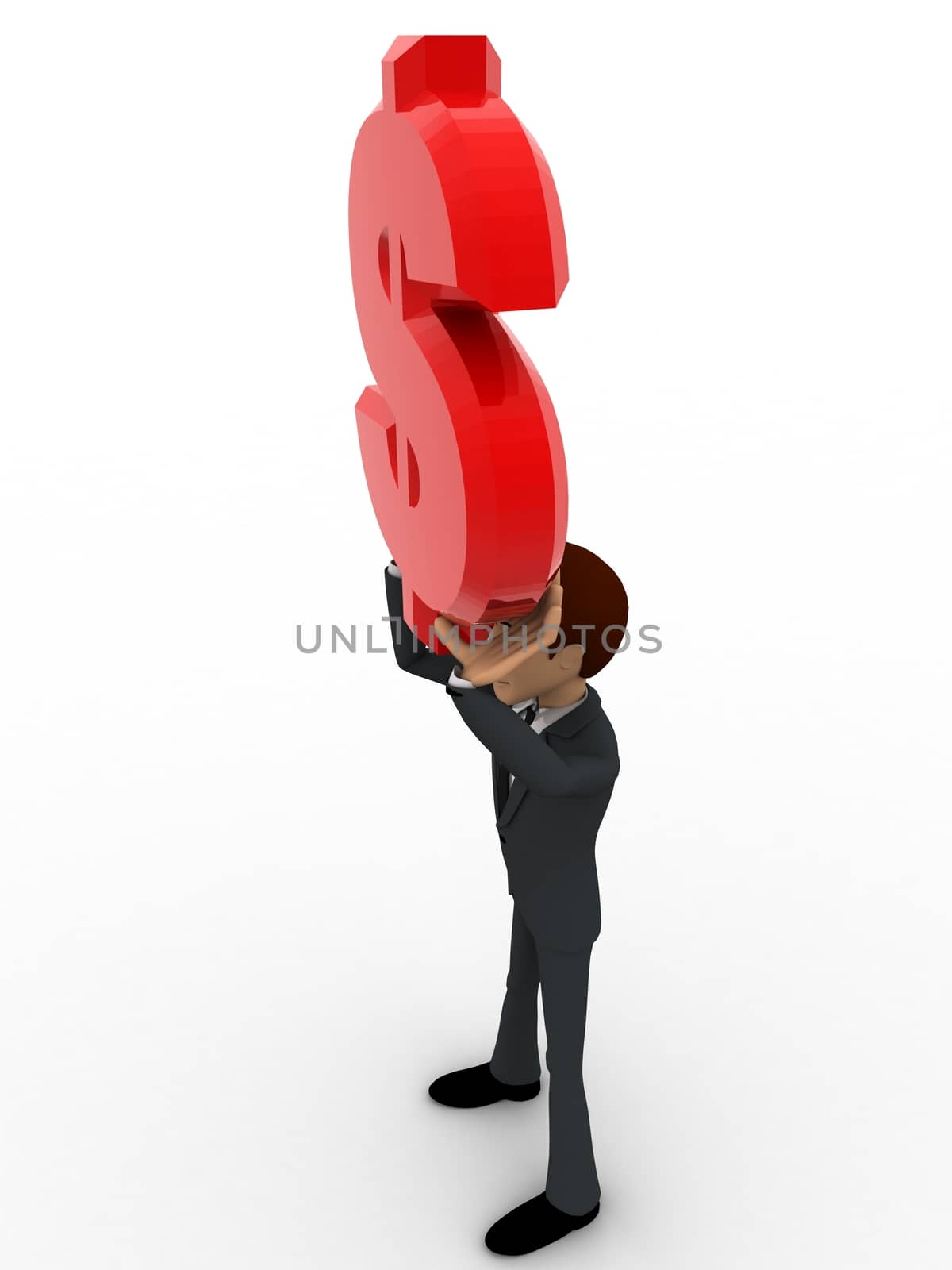 3d man holding red dollar sign in hand concept on white background, side angle view