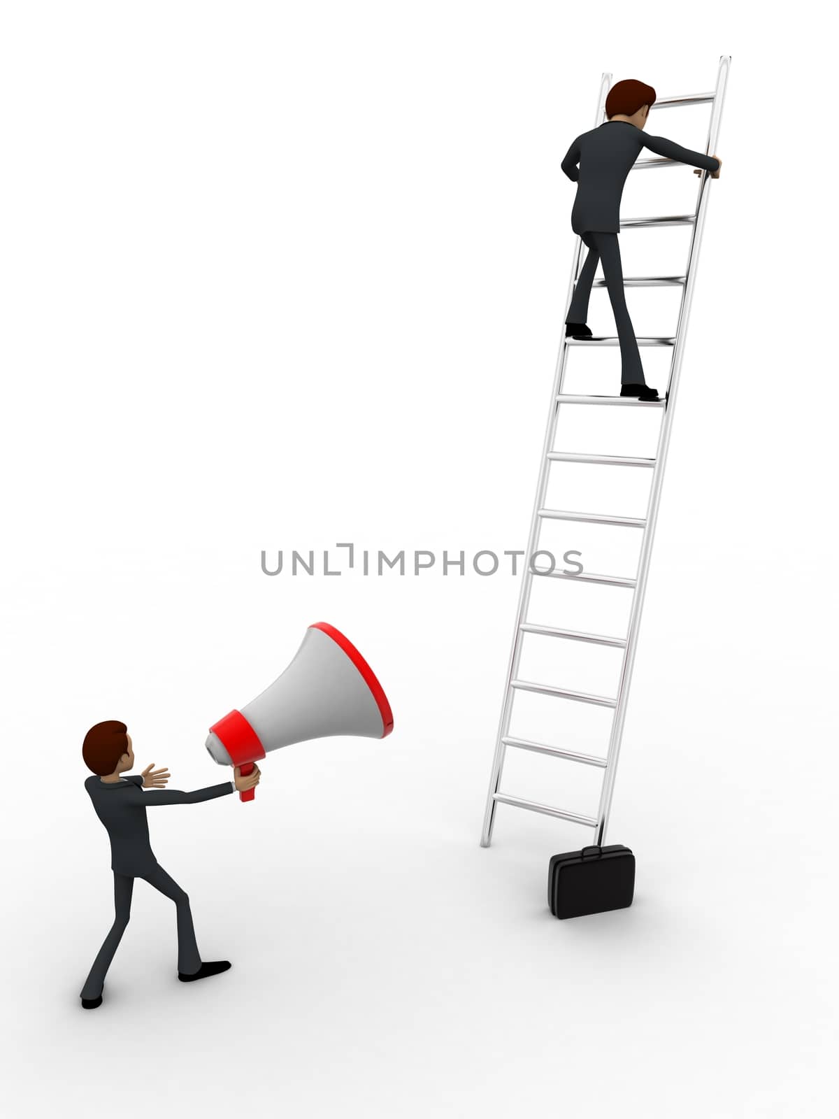 3d men climbing ladder and another announcing from mic concept on white background, side angle view