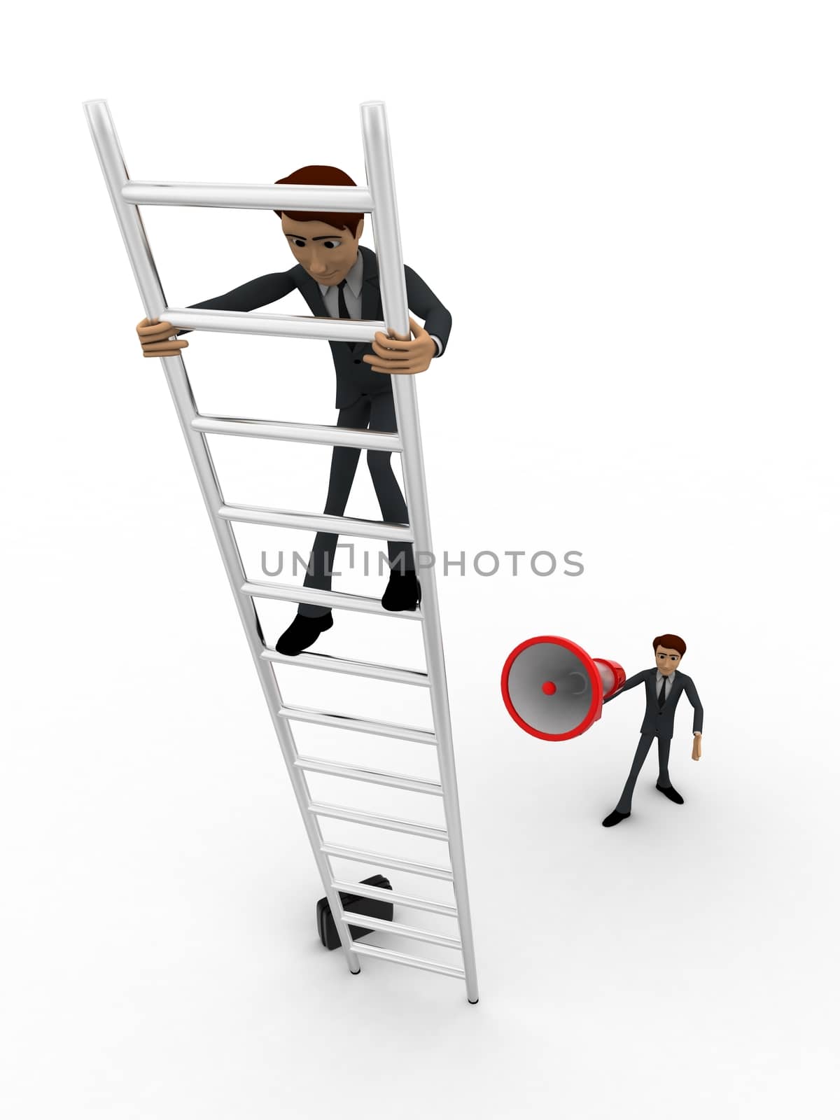 3d men climbing ladder and another announcing from mic concept on white background, front angle view
