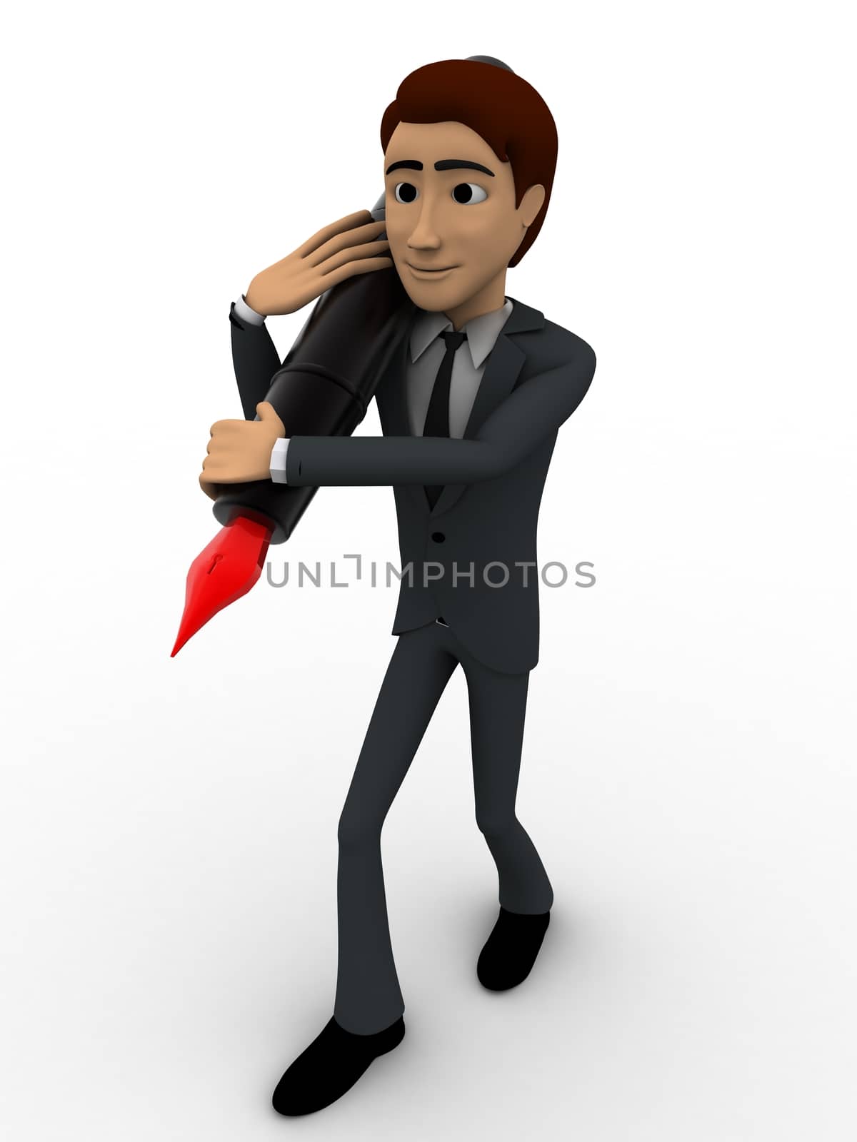 3d man carrying ink pen on shoulder with red knob concept on white background, front angle view