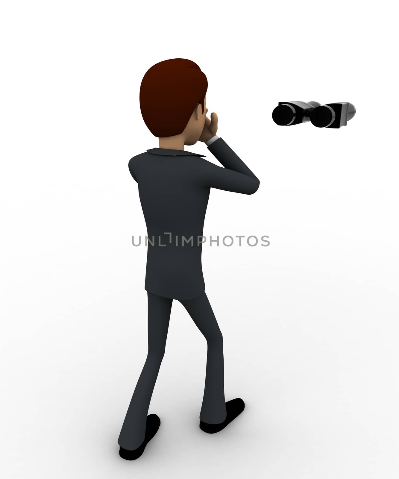 3d man standing with binoculars concept on white background,  back  angle view