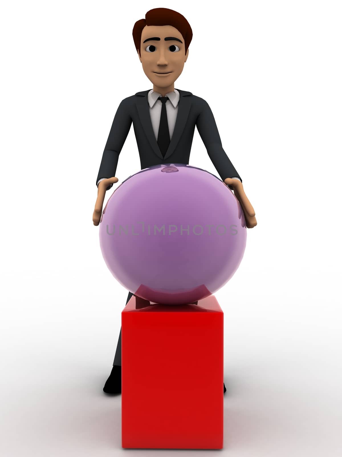 3d man put ball on cube concept on white background, front angle view