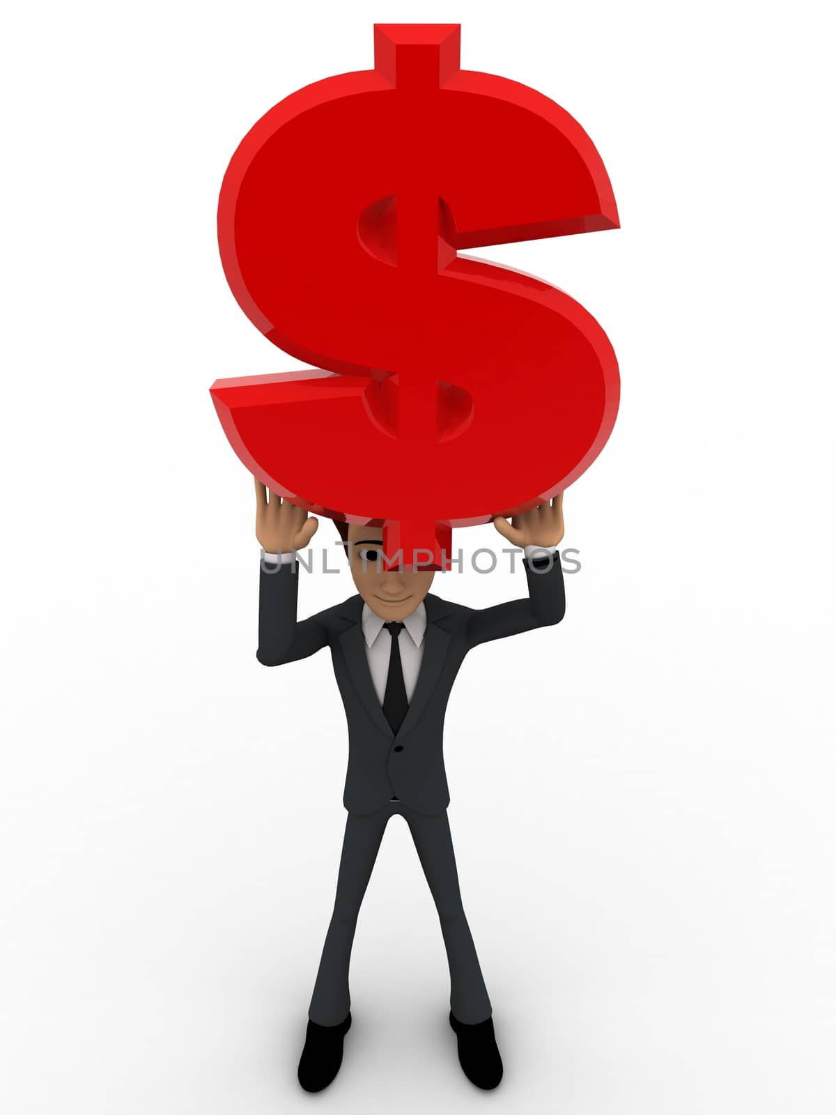 3d man holding red dollar sign in hand concept on white background, front angle view