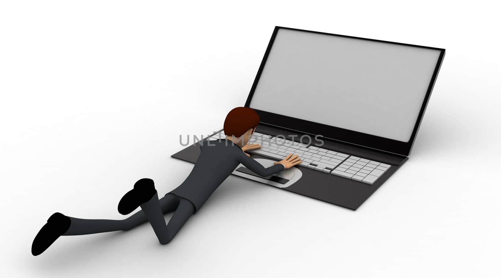 3d man working on laptop laid on floor concept on white background, back angle view