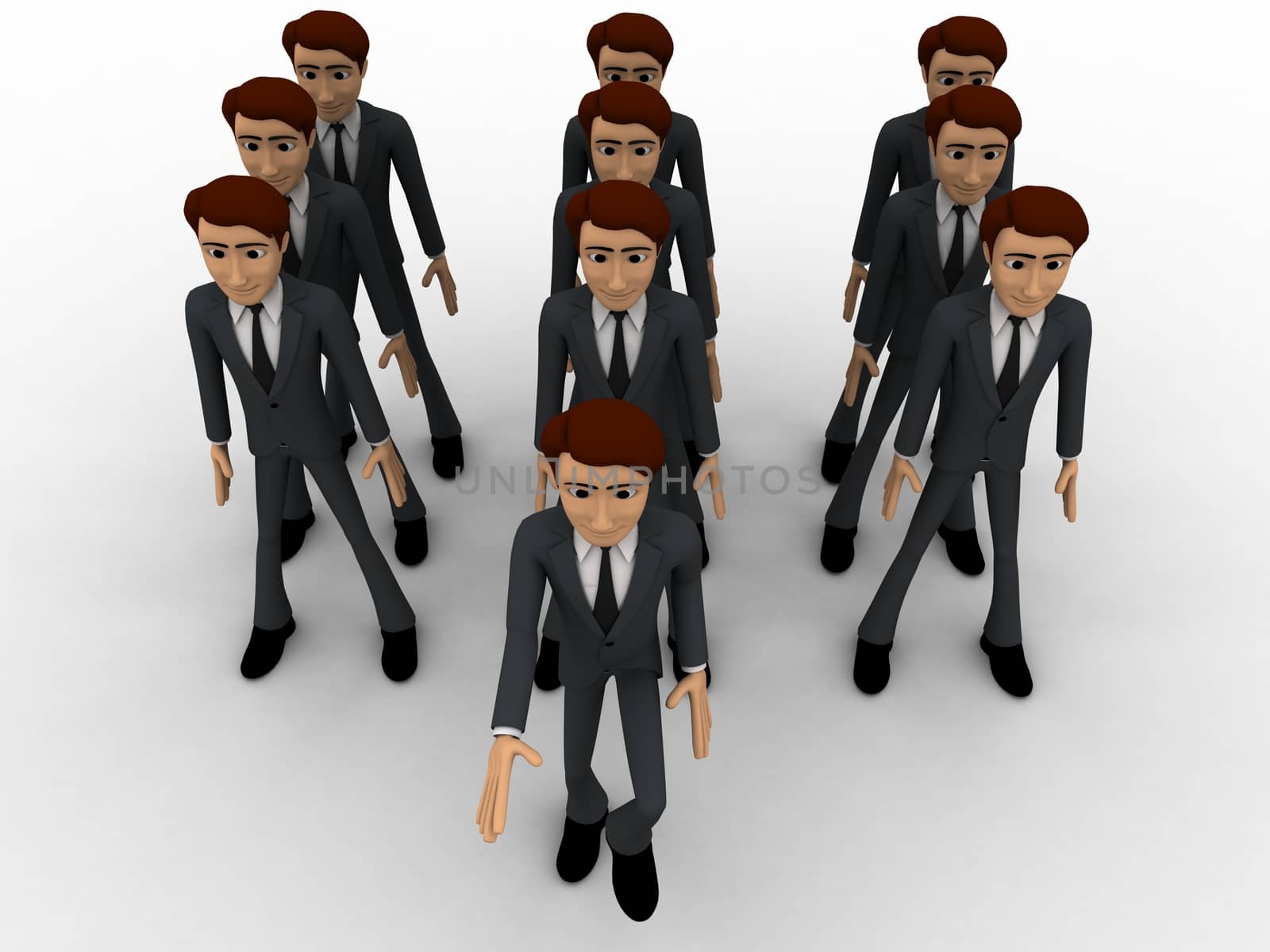 3d man marching concept on white background, front angle view