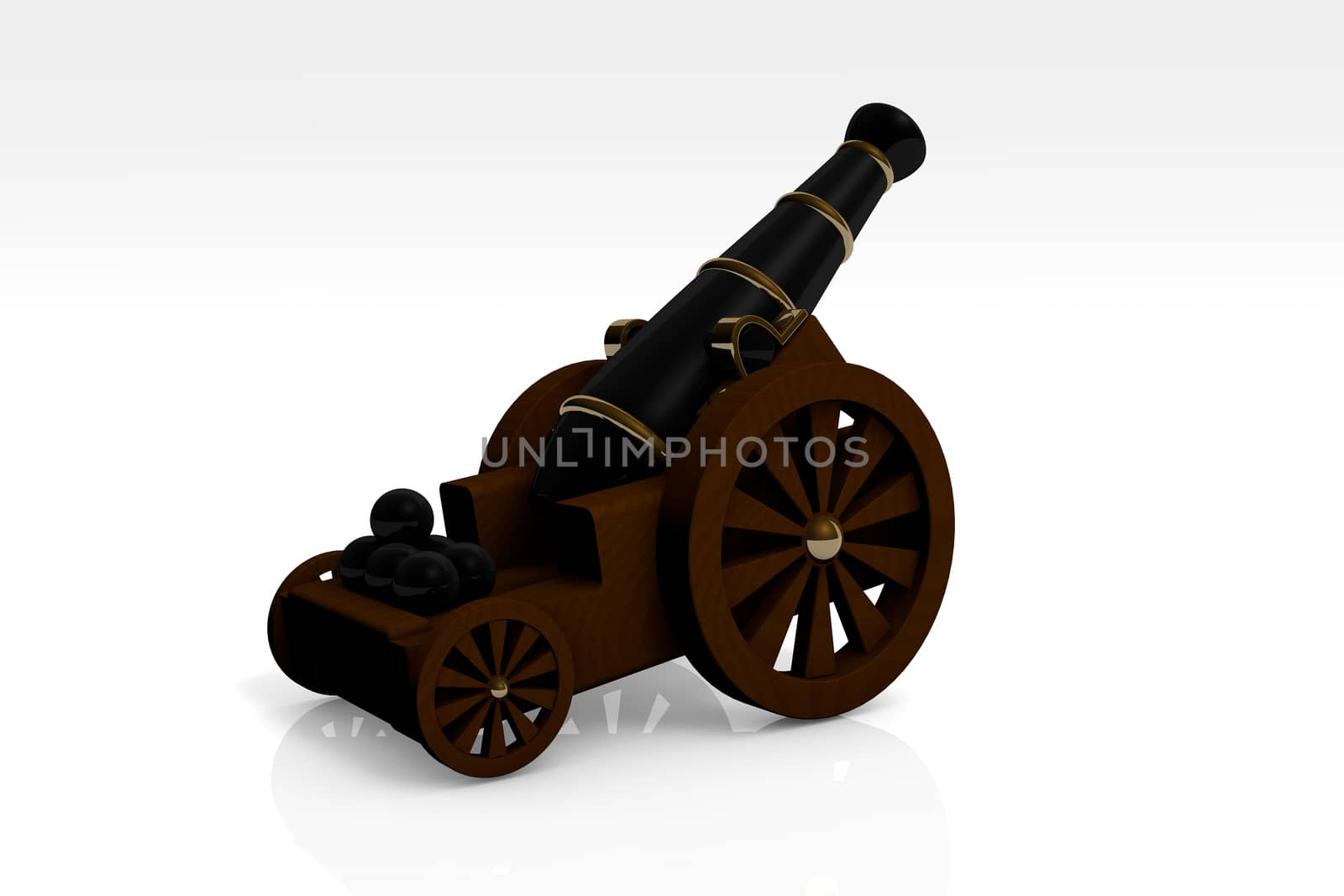 Medieval artillery gun on a wooden carriage isolated on white background