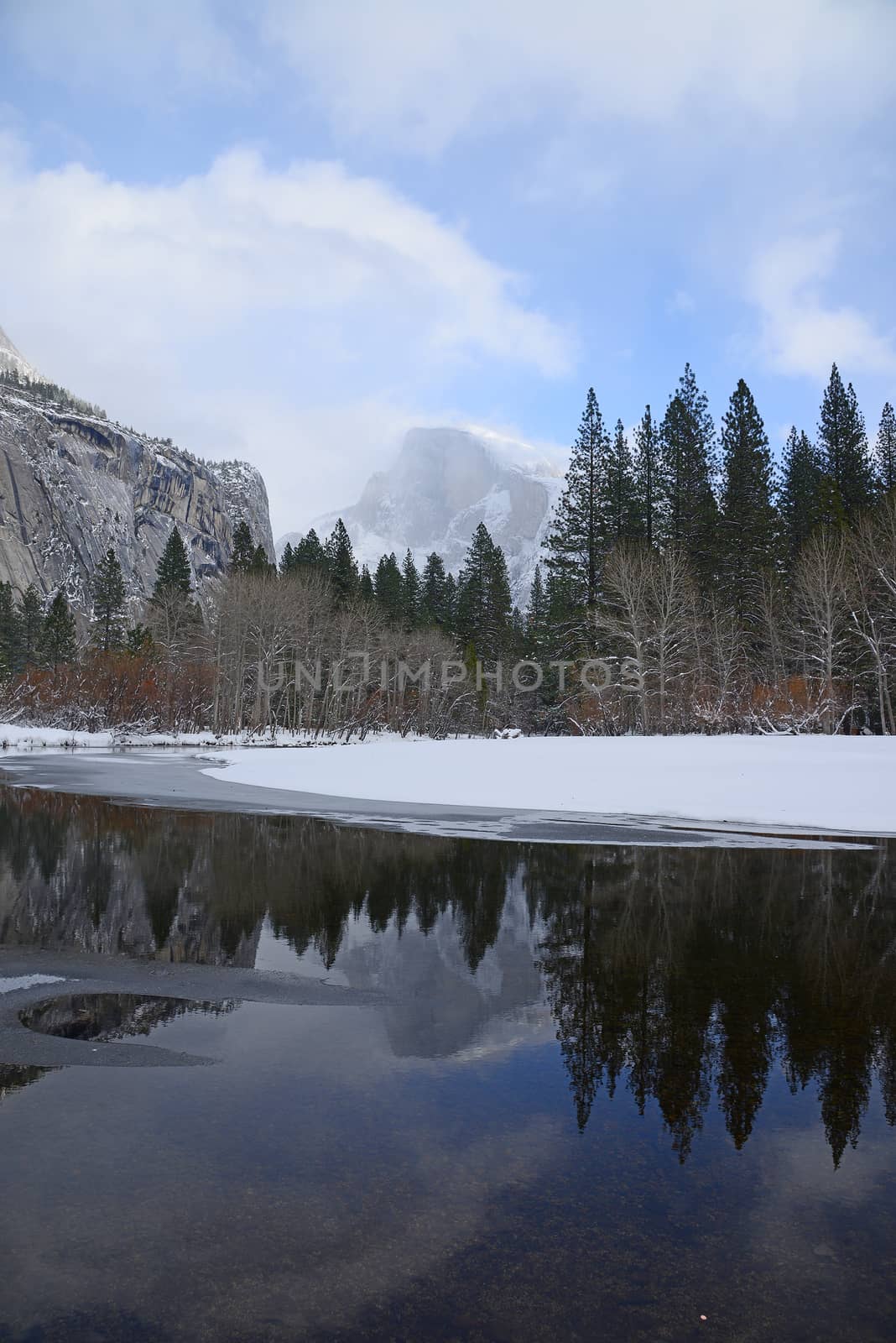 half dome after snow storm in yosemite national park