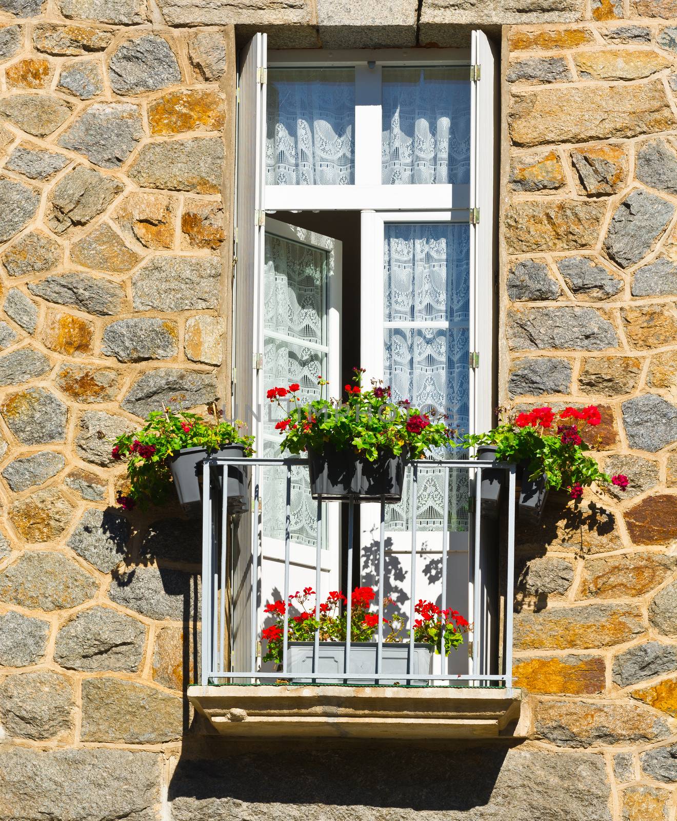 French Window with Open Wooden Shutters, Decorated with Fresh Flowers