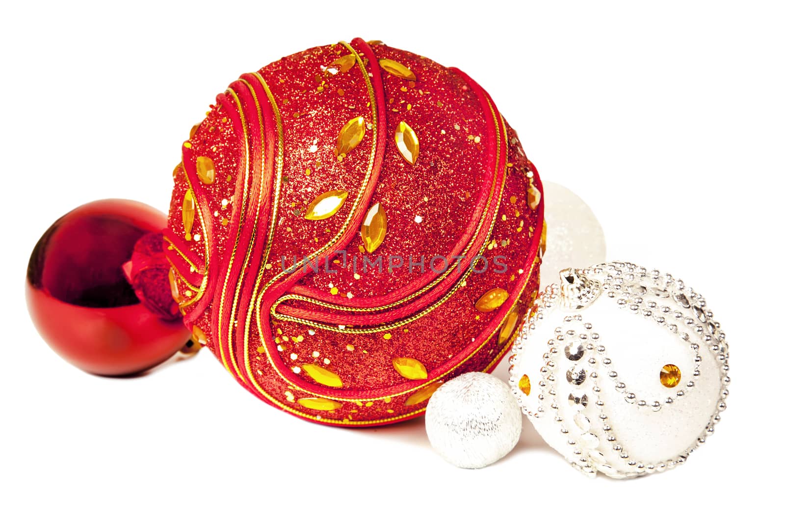 New year bright red and white christmas balls isolated