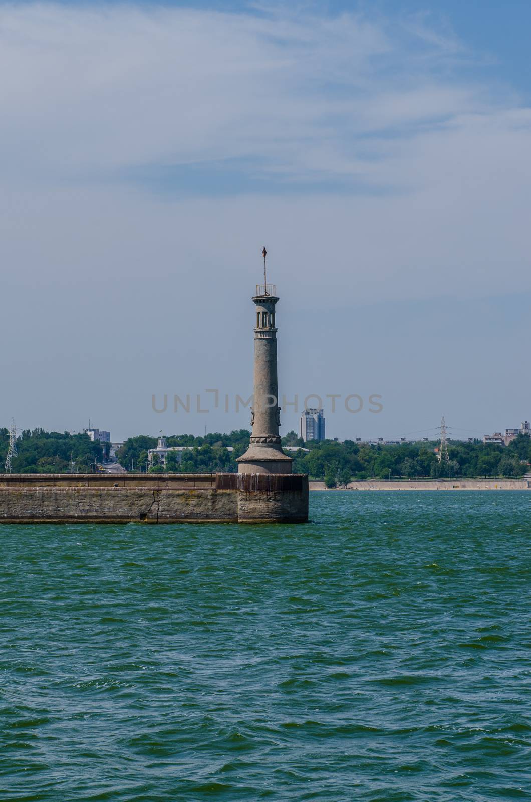 river lighthouse on the gateway through the cascade of hydroelectric power