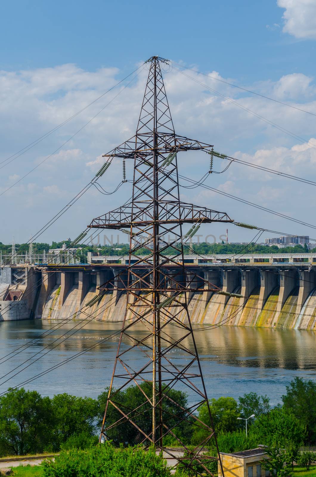 bridge hydroelectric plant on blue sky background