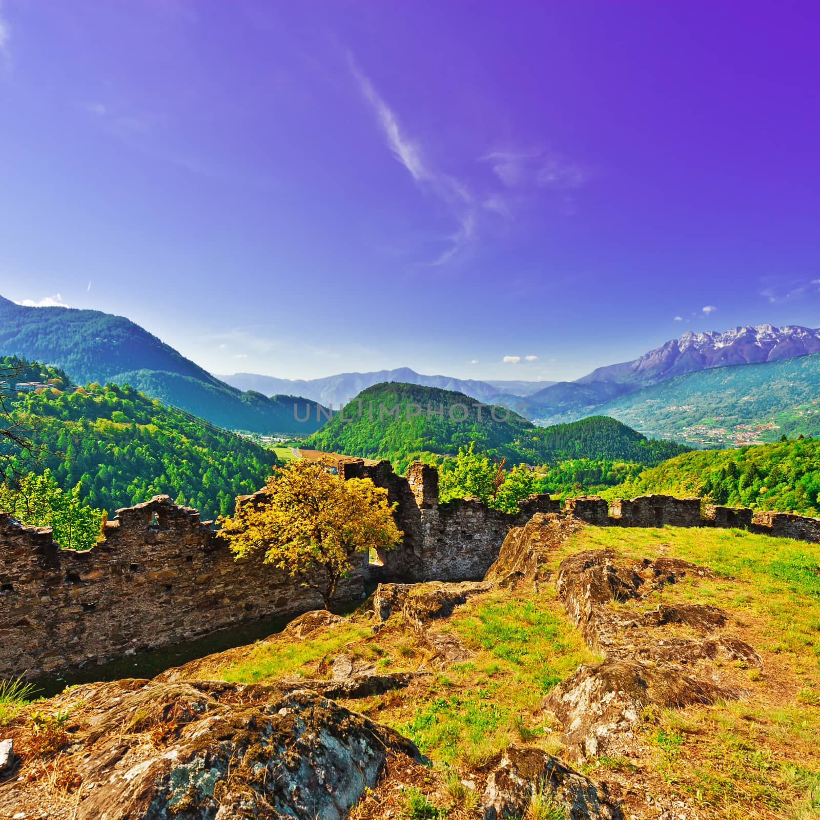 Views to the Dolomites from the Fortress Pergine Castle in Italy at Sunset