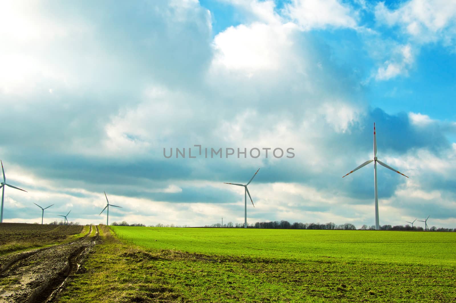 Windmills on the green field against cloudy sky. Alternative energy