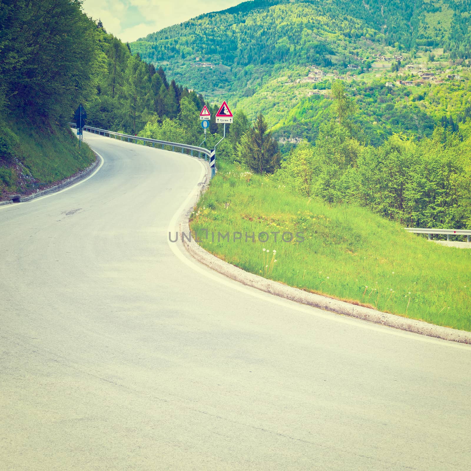 Winding Asphalt Road in the Italian Alps, Instagram Effect