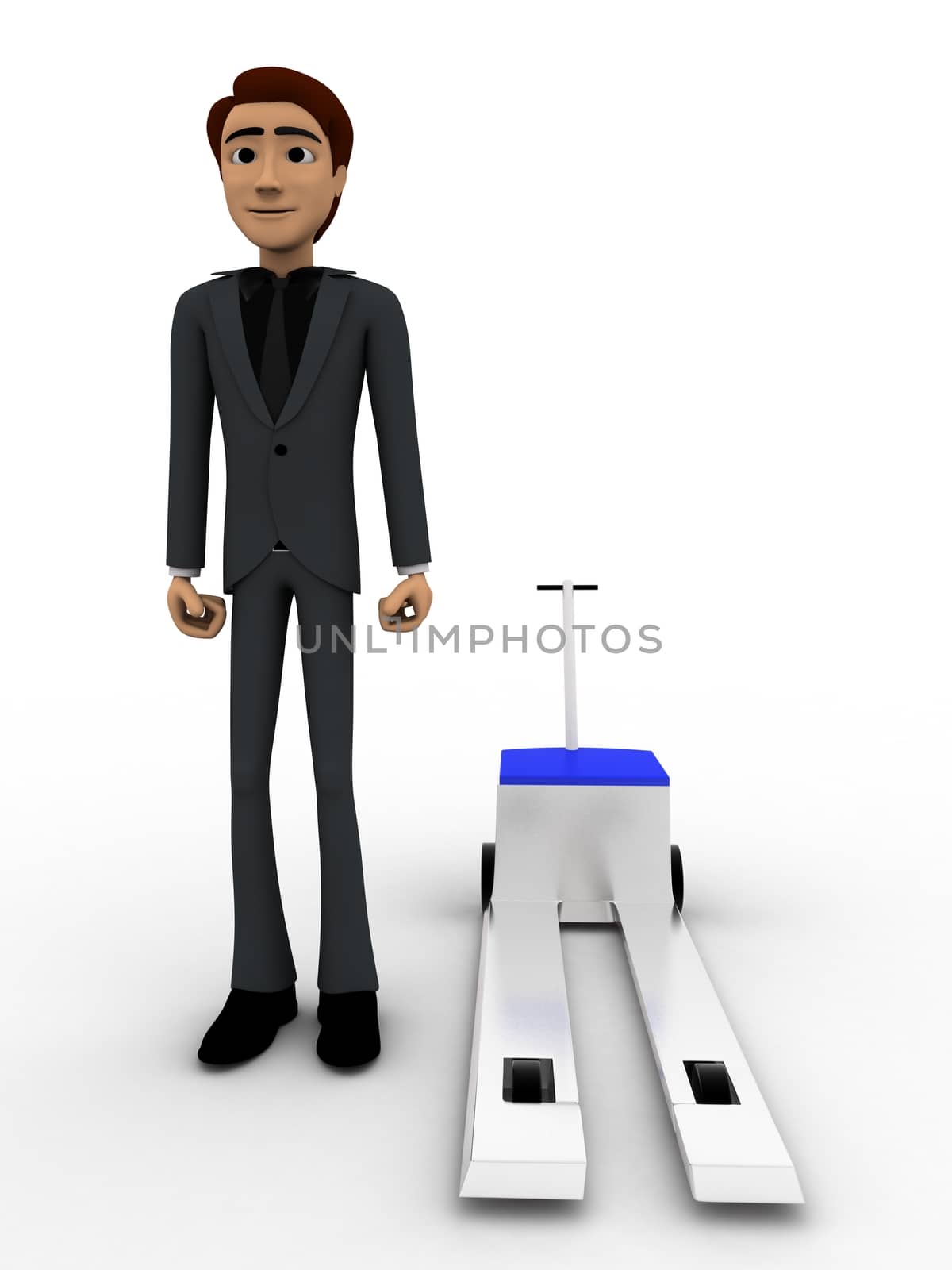 3d man standing on advance hand truck concept on white background, front angle view