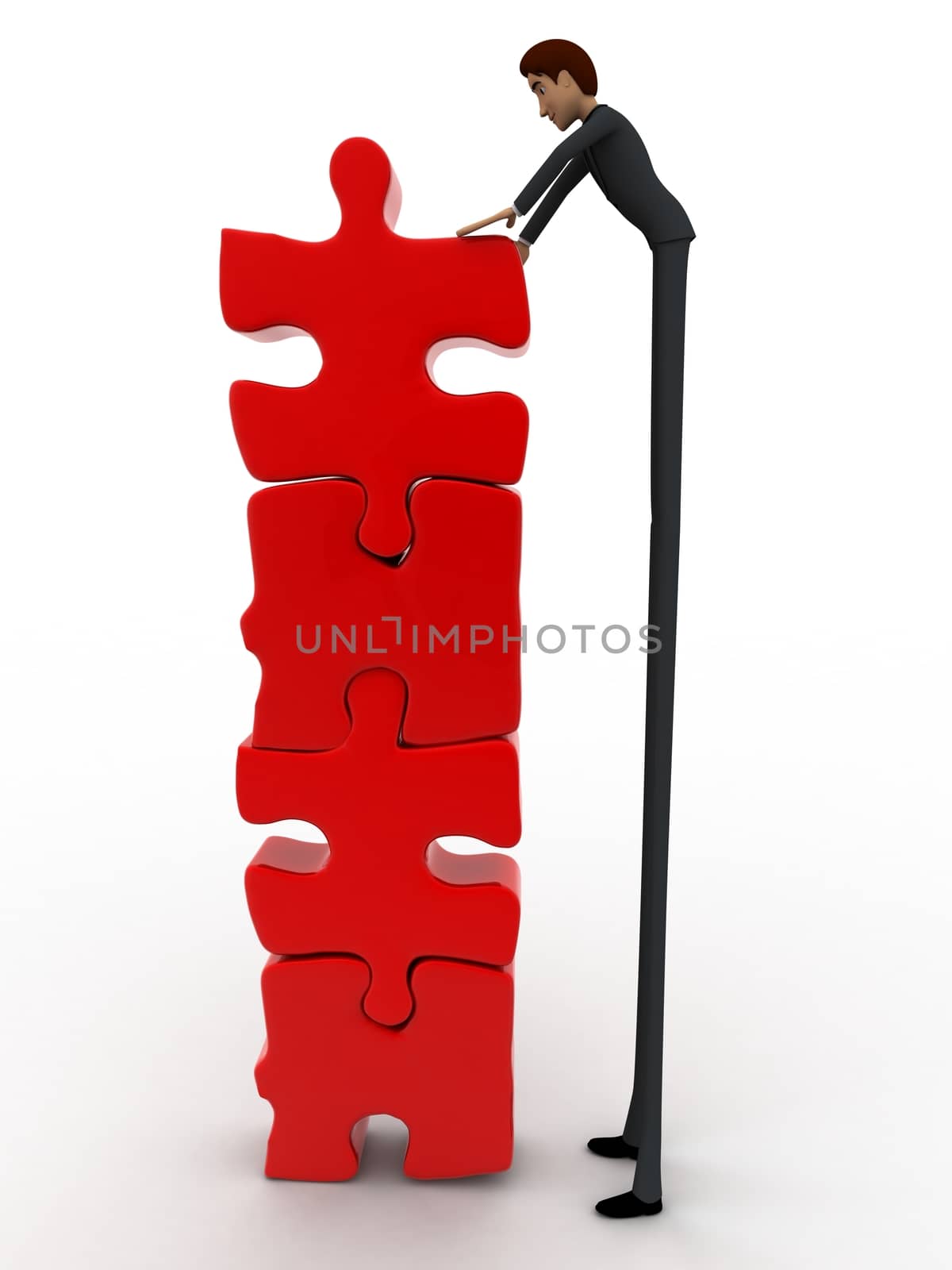 3d man team make tall construction of jigsaw puzzle piece concept on white background, front angle view